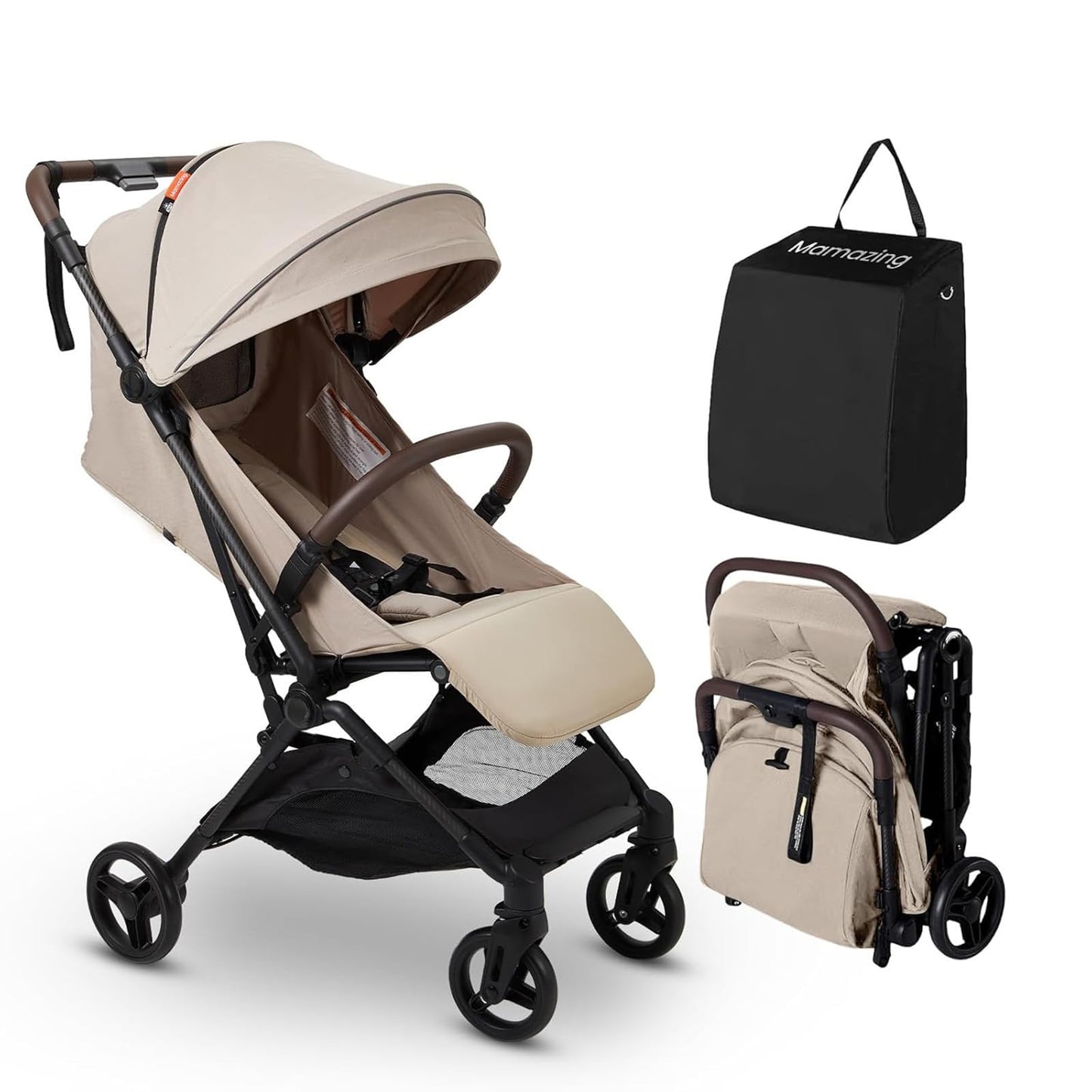 Lightweight MAMAZING Ultra Air baby travel stroller with carbon fiber frame, compact design, one-handed fold, suitable for toddlers.