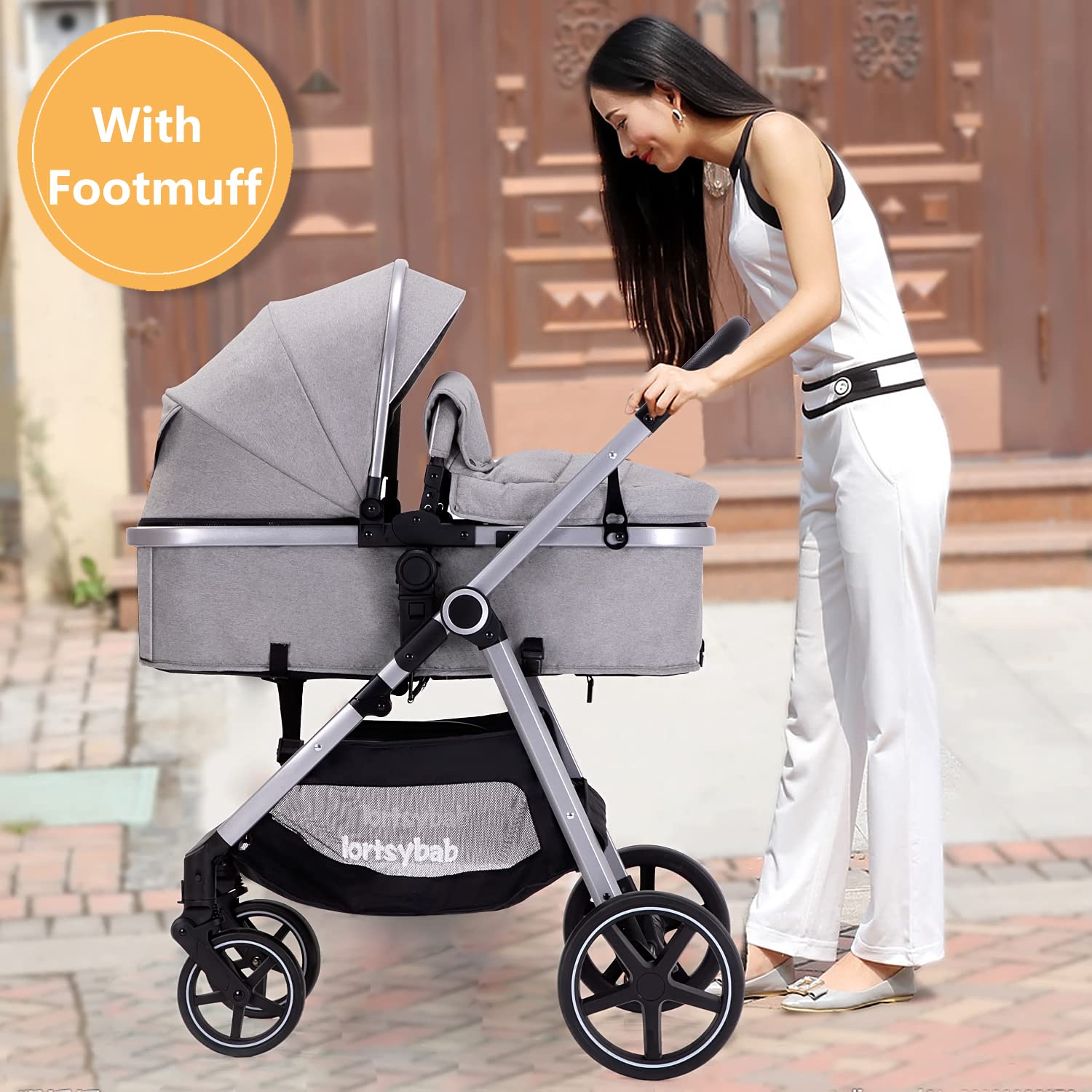 Lortsybab 2-in-1 baby stroller with reversible seat for infants and toddlers, beige color, folding design for ages 0-36 months.