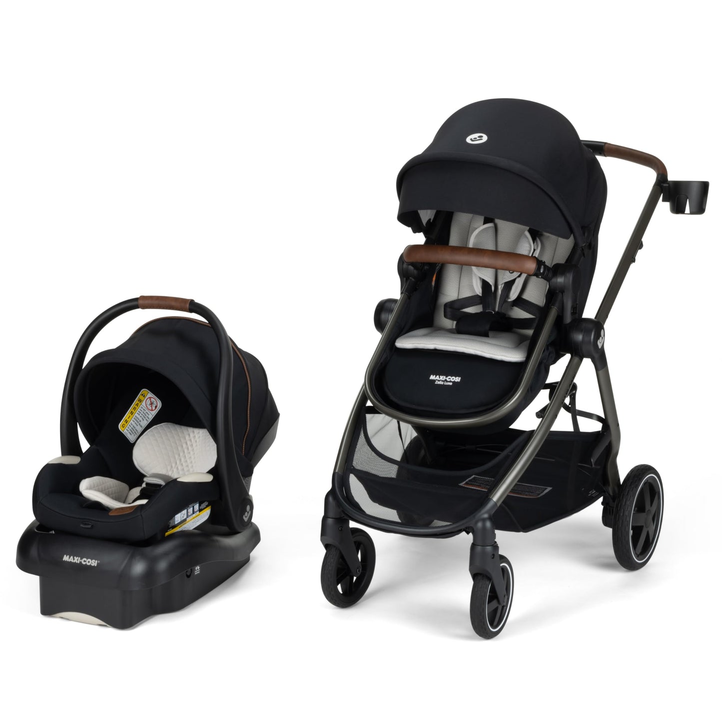 Maxi-Cosi Zelia Luxe 5-in-1 modular travel system with stroller and car seat, designed for versatile baby transportation.