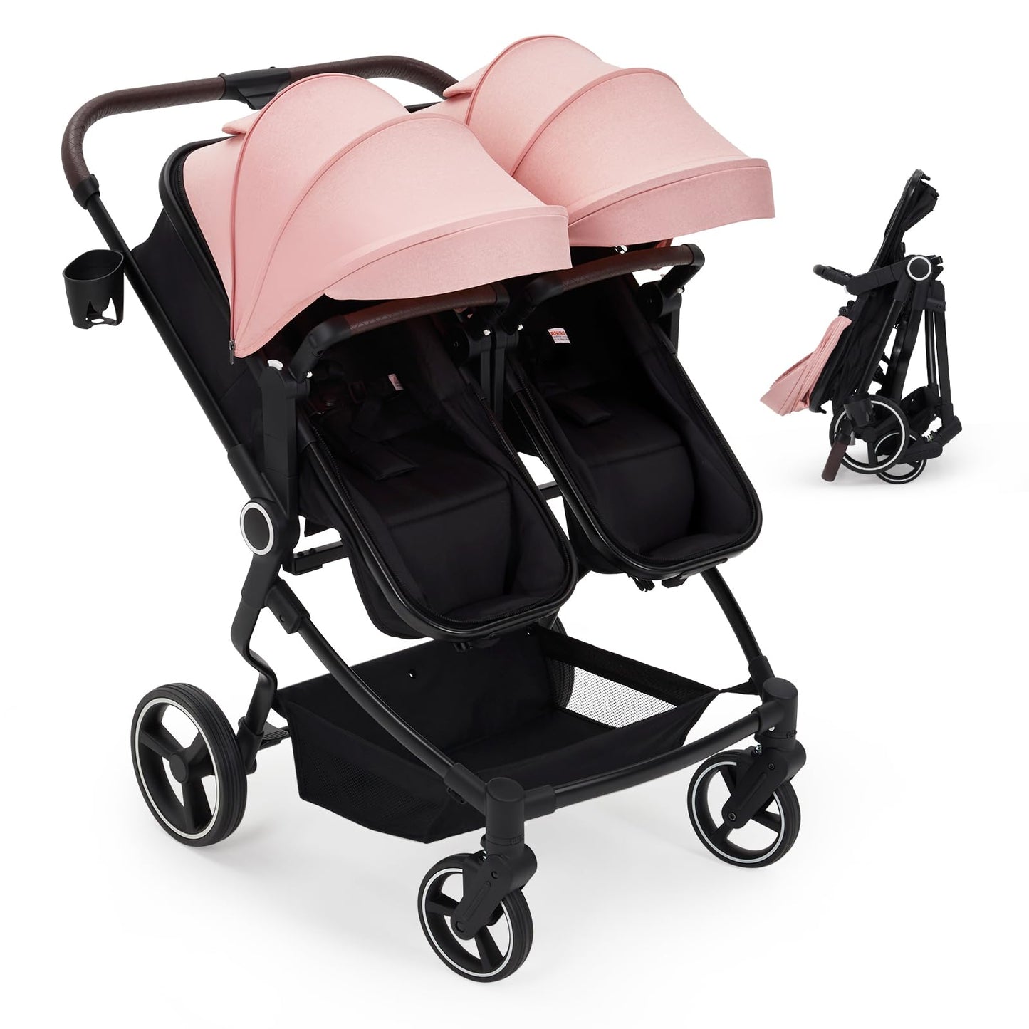 Lightweight double stroller for twins by My Store featuring reclining seats, adjustable canopy, 5-point harness, and side-by-side design.