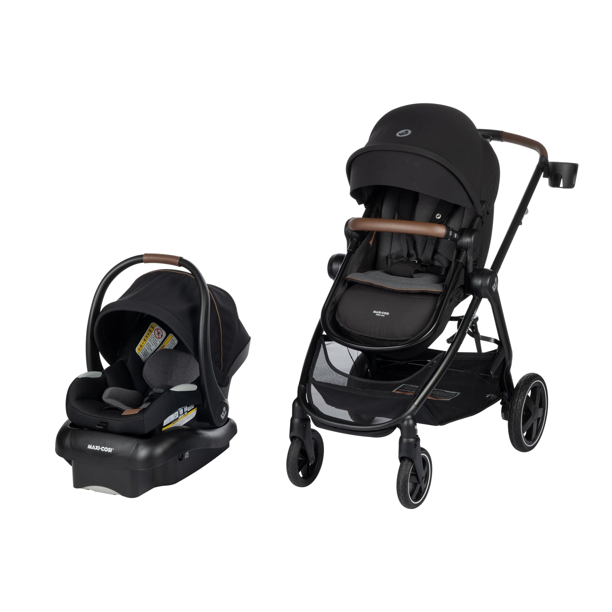 Maxi-Cosi Zelia Luxe 5-in-1 modular travel system with stroller, car seat, and foldable features for versatile baby travel.