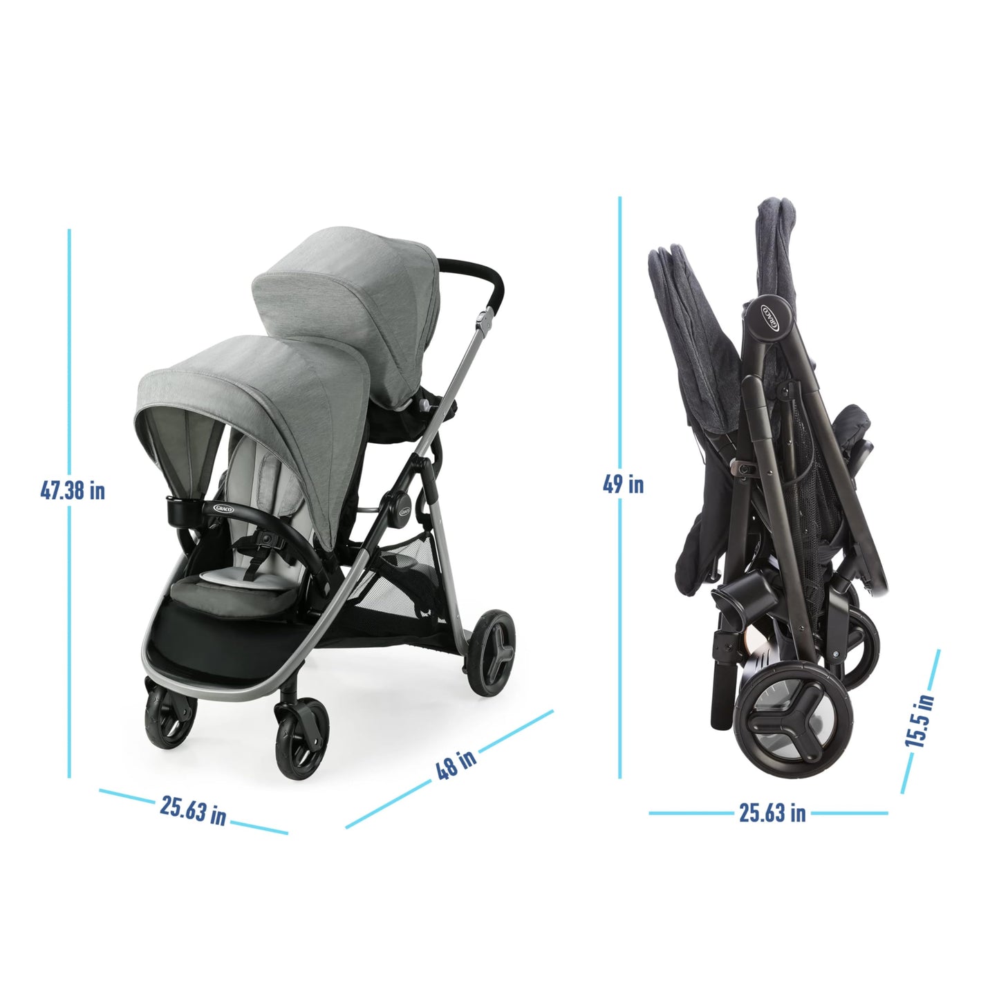 Graco Ready2Grow 2.0 double stroller with bench seat and standing platform, shown in Rafa color, for versatile child transportation