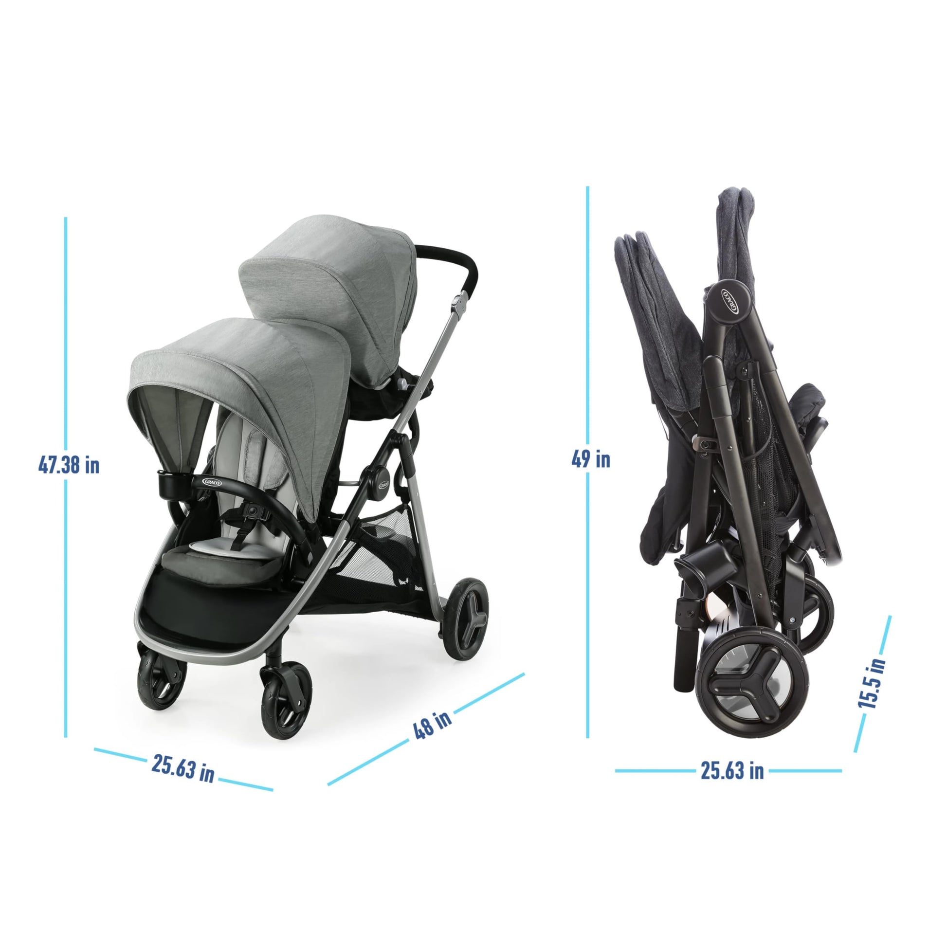 Graco Ready2Grow 2.0 double stroller with bench seat and standing platform, shown in Rafa color, for versatile child transportation