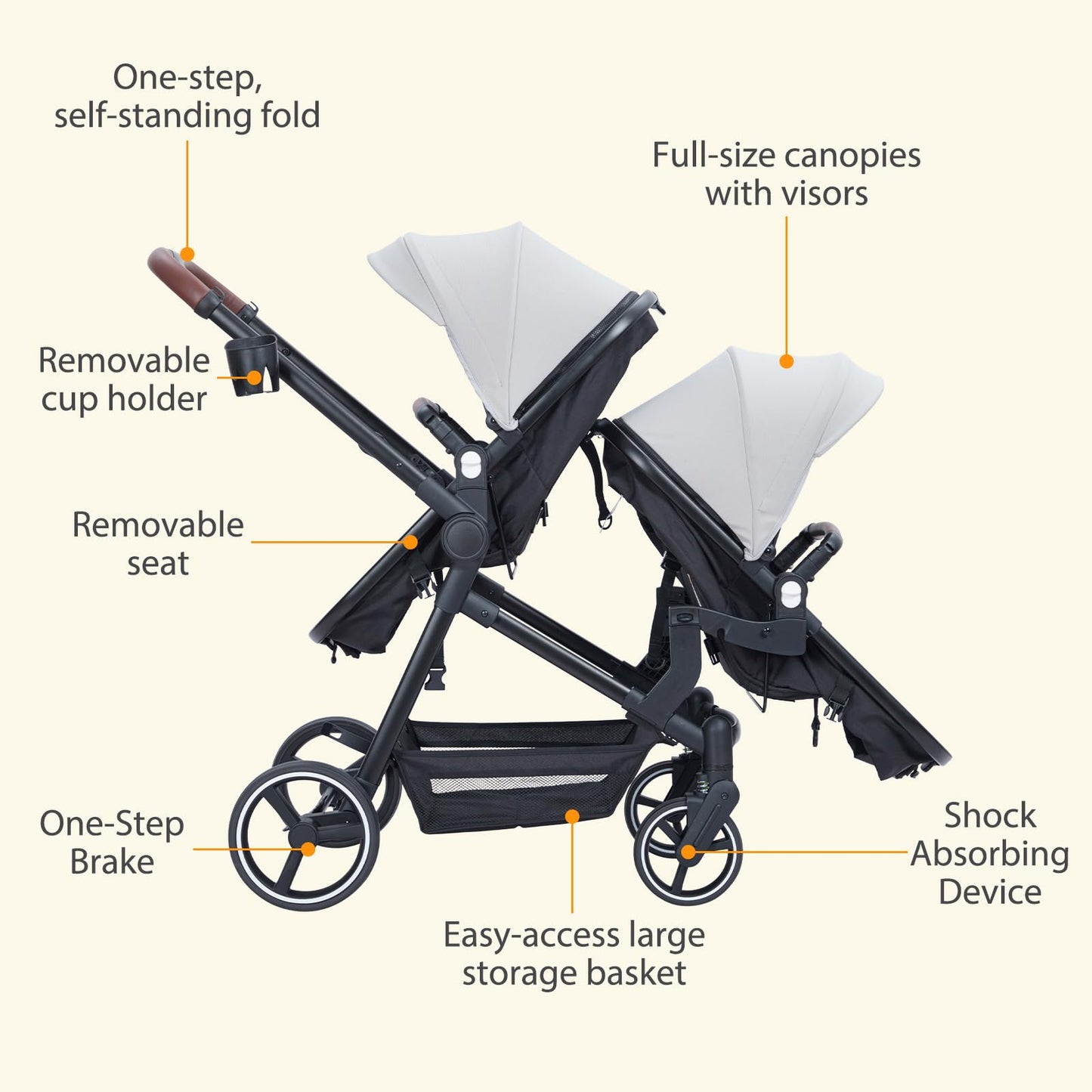 Dark grey tandem double stroller for twins by My Store with reversible seats, adjustable canopy, large storage, and one-hand fold.