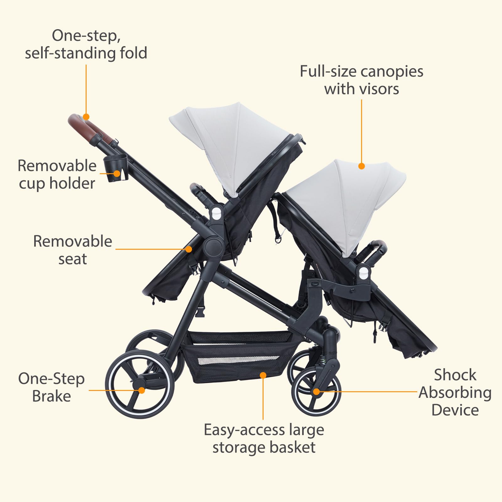Dark grey tandem double stroller for twins by My Store with reversible seats, adjustable canopy, large storage, and one-hand fold.