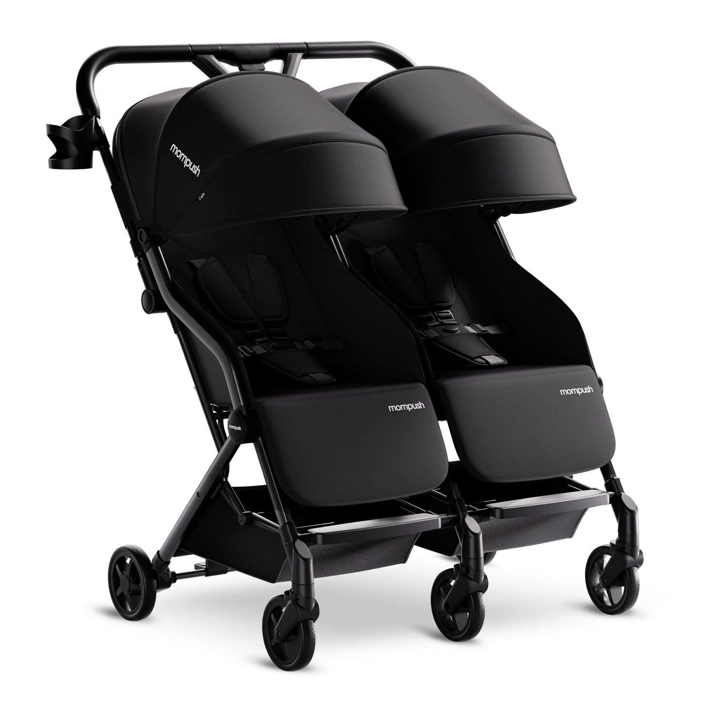 Mompush Lithe double stroller with lightweight frame, spacious seats, recline, easy fold, and UPF50+ canopy for newborn and toddler