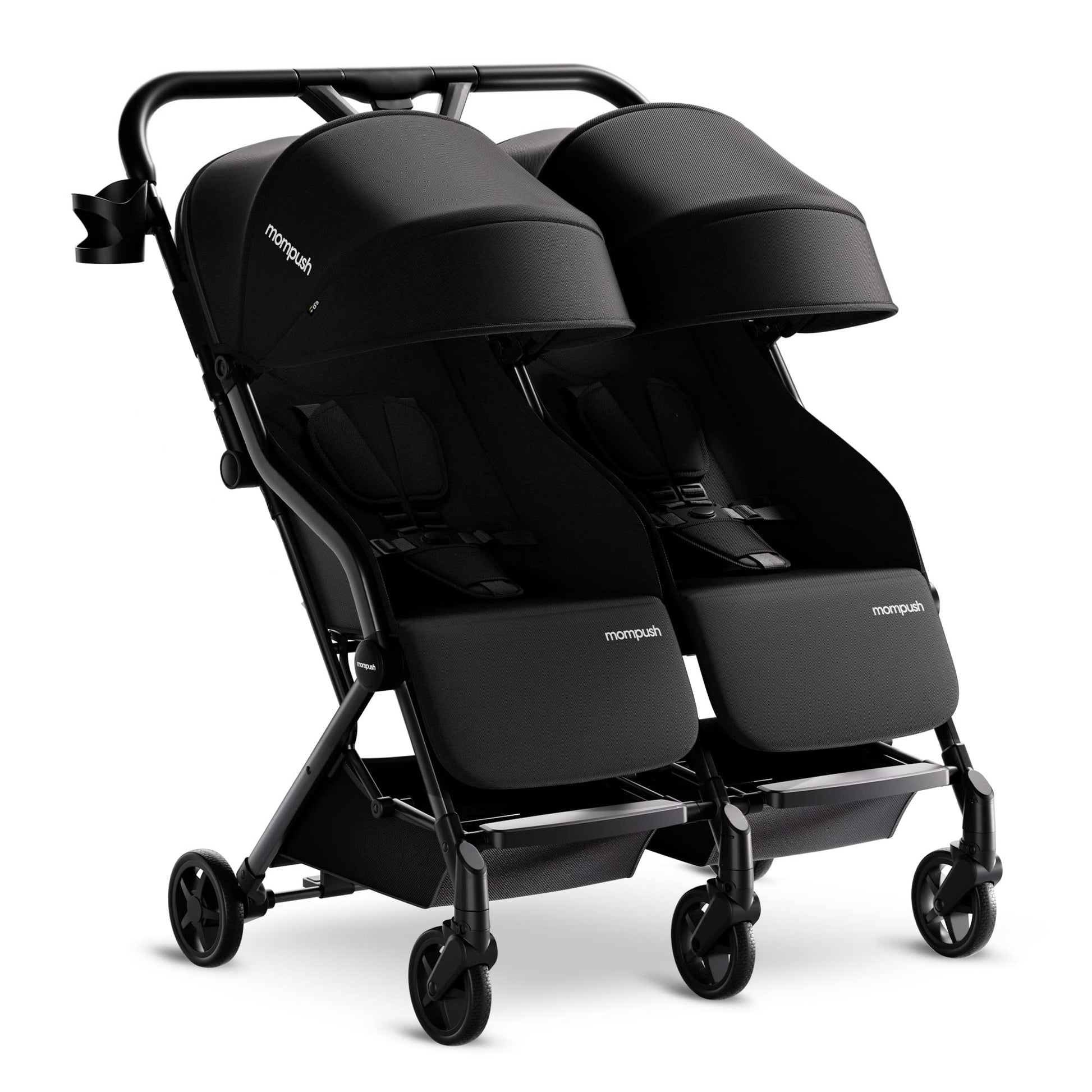 Mompush Lithe double stroller with lightweight frame, spacious seats, recline, easy fold, and UPF50+ canopy for newborn and toddler