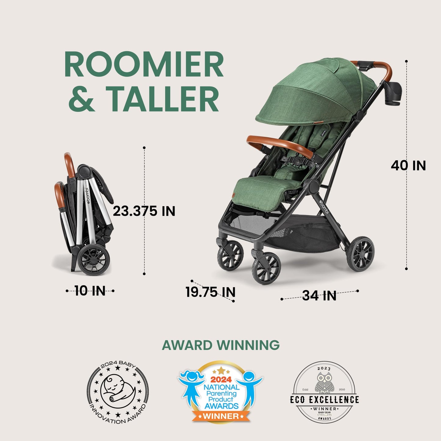 Bombi Bēbee V2 lightweight baby stroller with vegan leather, one-hand fold, infinite recline, aircraft-grade aluminum frame, and XXL canopy.