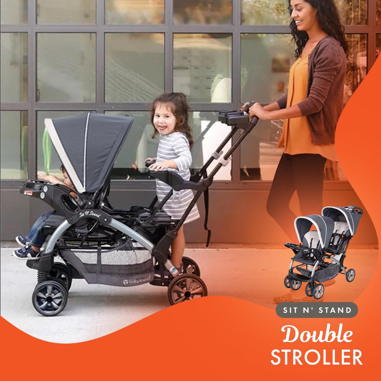 Baby Trend infant and toddler double stroller with car seat, lightweight and portable Stormy travel system duo for easy tandem transport.