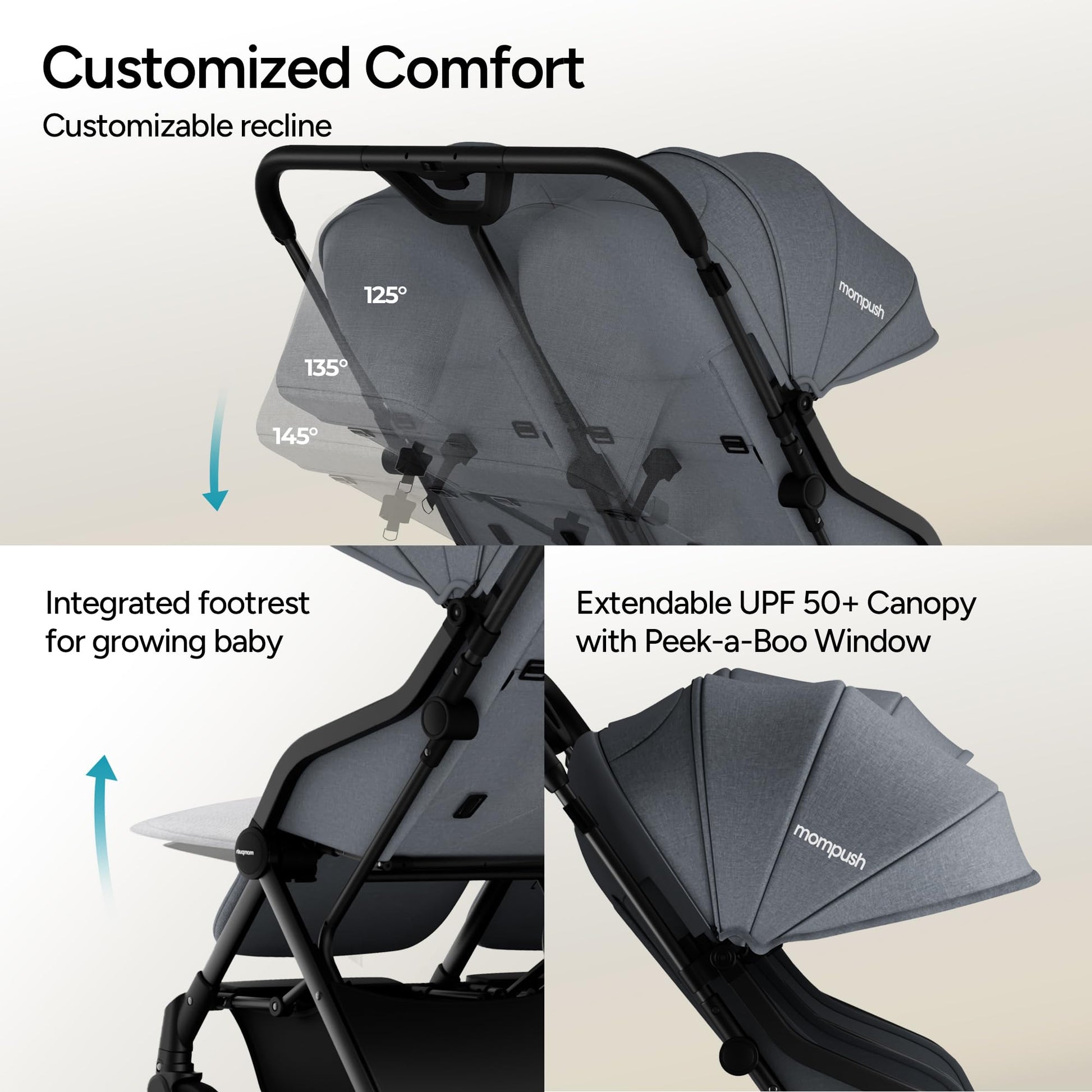 Mompush Lithe double stroller for newborn and toddler, lightweight side-by-side stroller with recline seats and UPF50+ canopy.
