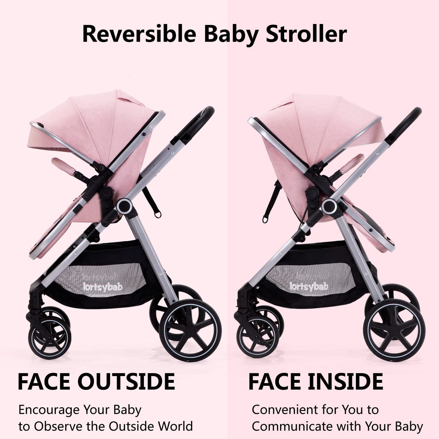 Lortsybab 2-in-1 baby stroller with beige frame, reversible seat, suitable for infants and toddlers 0-36 months, foldable design