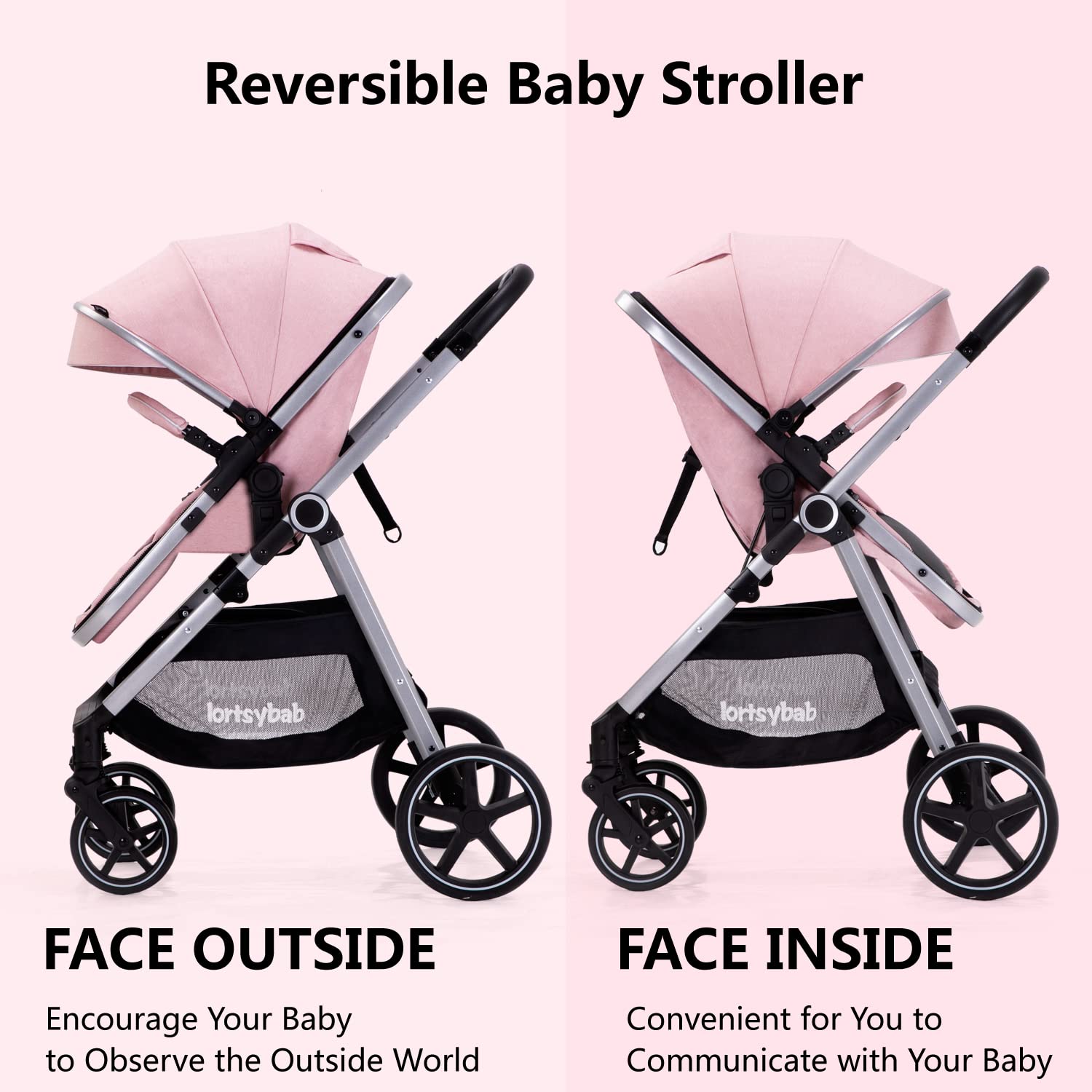Lortsybab 2-in-1 baby stroller with beige frame, reversible seat, suitable for infants and toddlers 0-36 months, foldable design