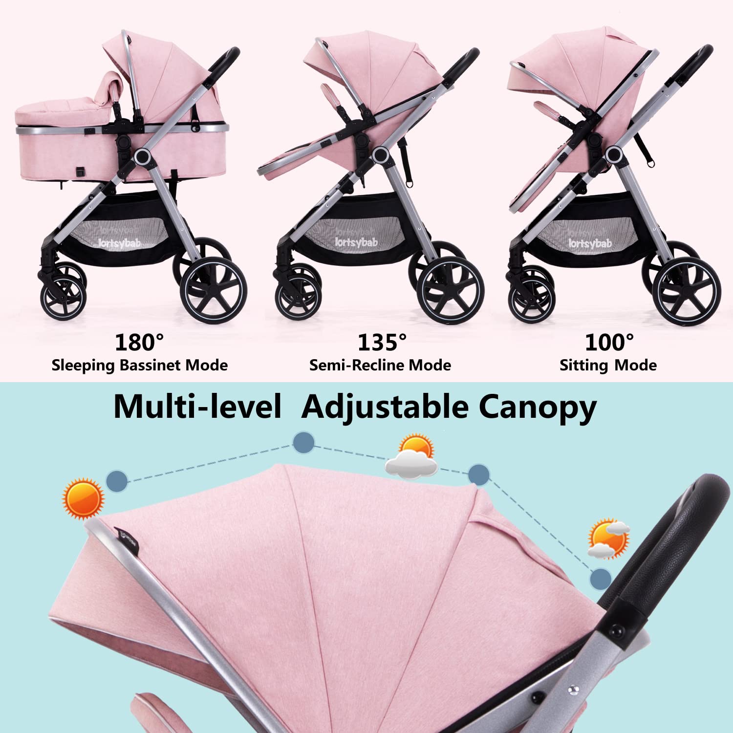 Lortsybab 2-in-1 baby stroller with beige reversible seat, foldable infant pram for newborns and toddlers aged 0-36 months.