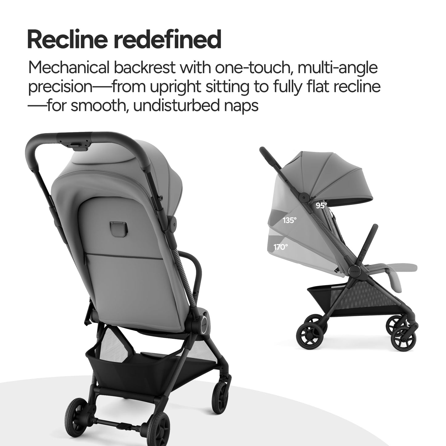 Mompush Nexis Carbon travel stroller with auto-fold, full recline, lightweight design, suitable from birth to 50 lbs.