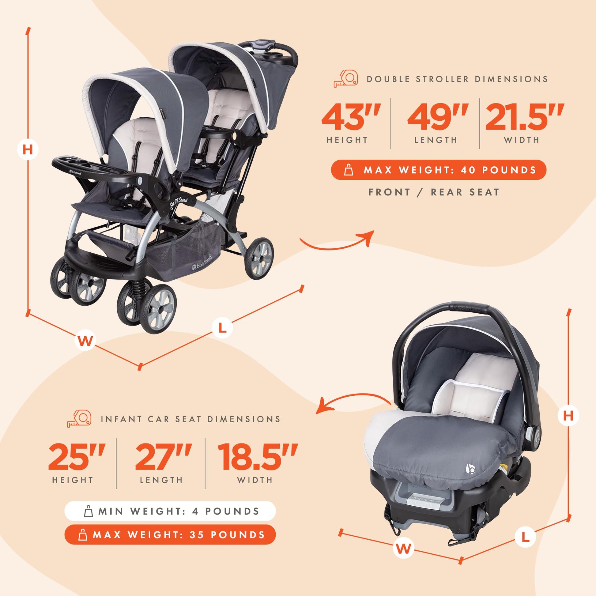 Baby Trend infant and toddler double stroller with car seat, lightweight Stormy travel system and tandem design.