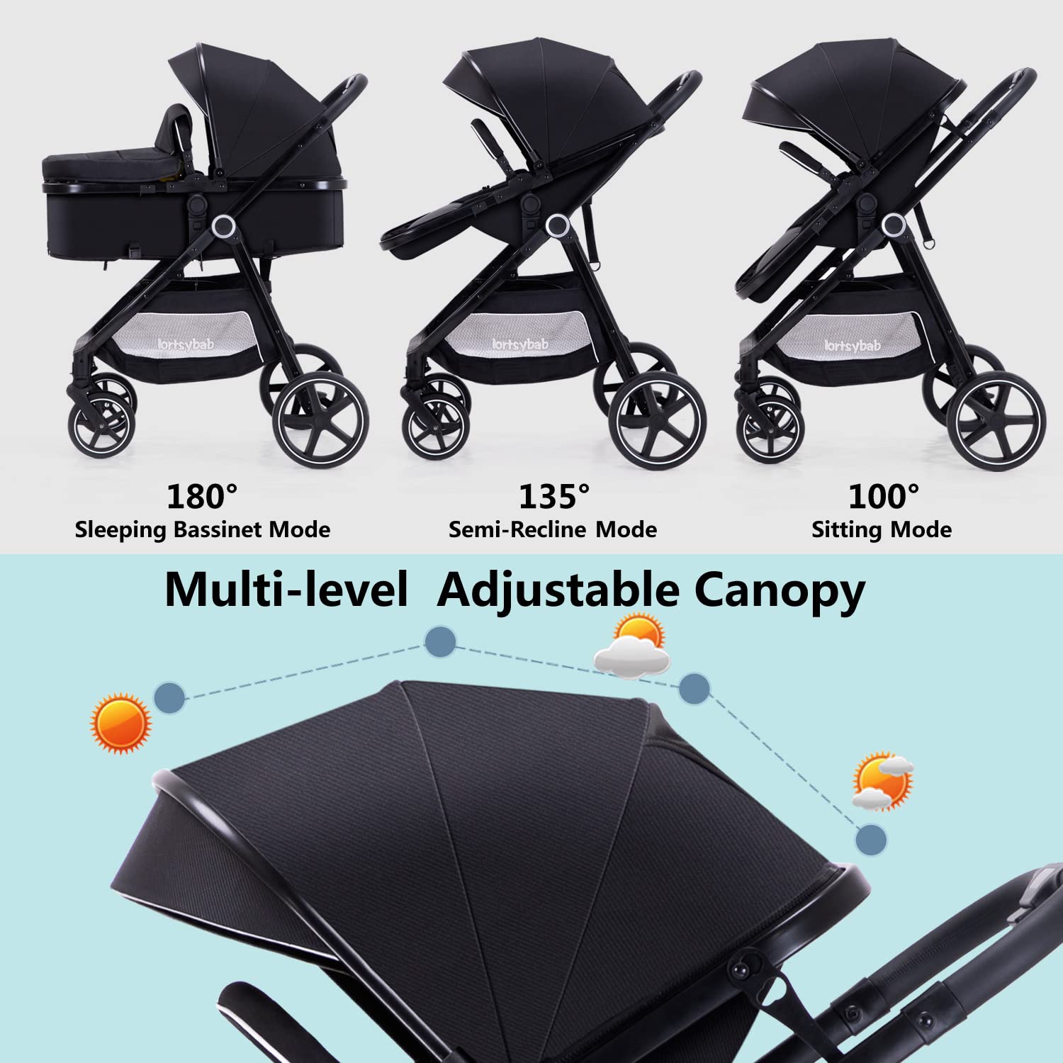 Lortsybab 2-in-1 beige baby stroller with reversible seat, suitable for infants and toddlers up to 36 months, foldable design