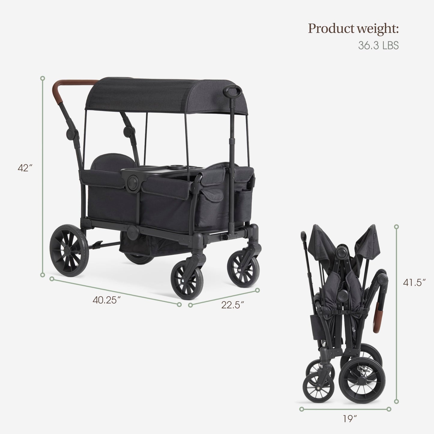 Evolur Trailblazer double stroller wagon in black with all-terrain wheels, 5-point harness, removable canopy, and spacious storage.