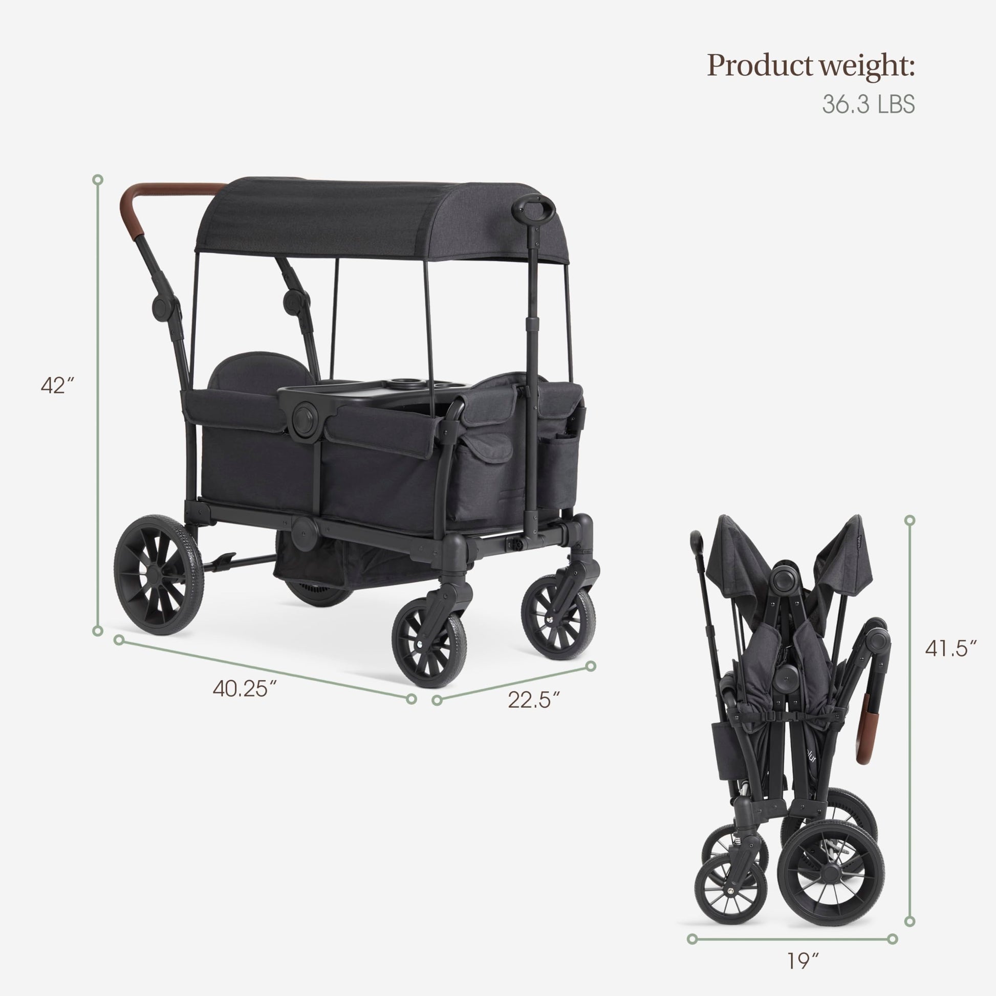 Evolur Trailblazer double stroller wagon in black with all-terrain wheels, 5-point harness, removable canopy, and spacious storage.