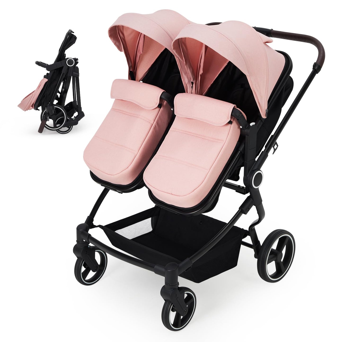 Lightweight double stroller for twins by My Store with reclining seats, adjustable canopy, 5-point harness, and high landscape design.