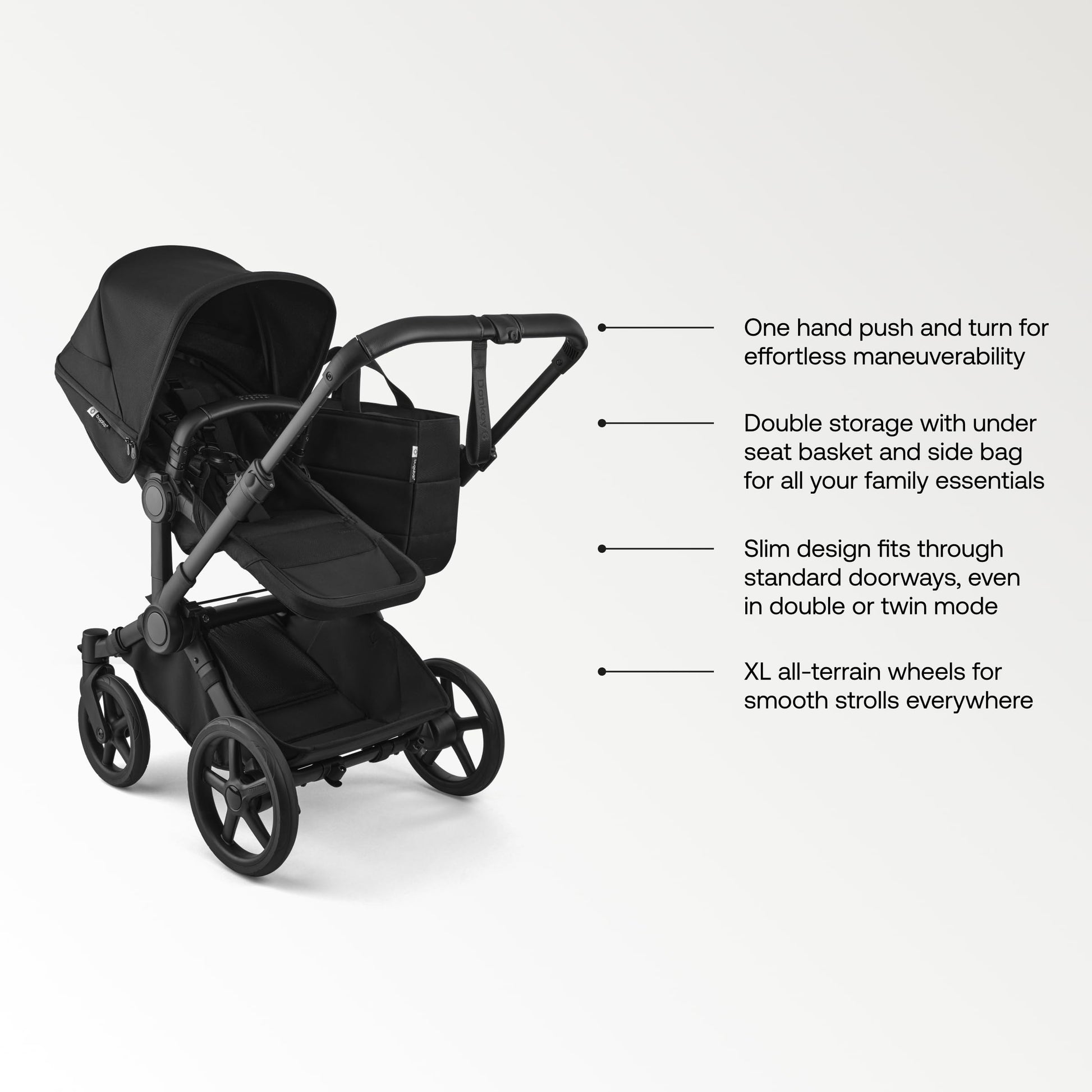 Bugaboo Donkey 6 single-to-double side-by-side all-terrain stroller in cocoa brown, suitable for newborns and toddlers, with adjustable seats.