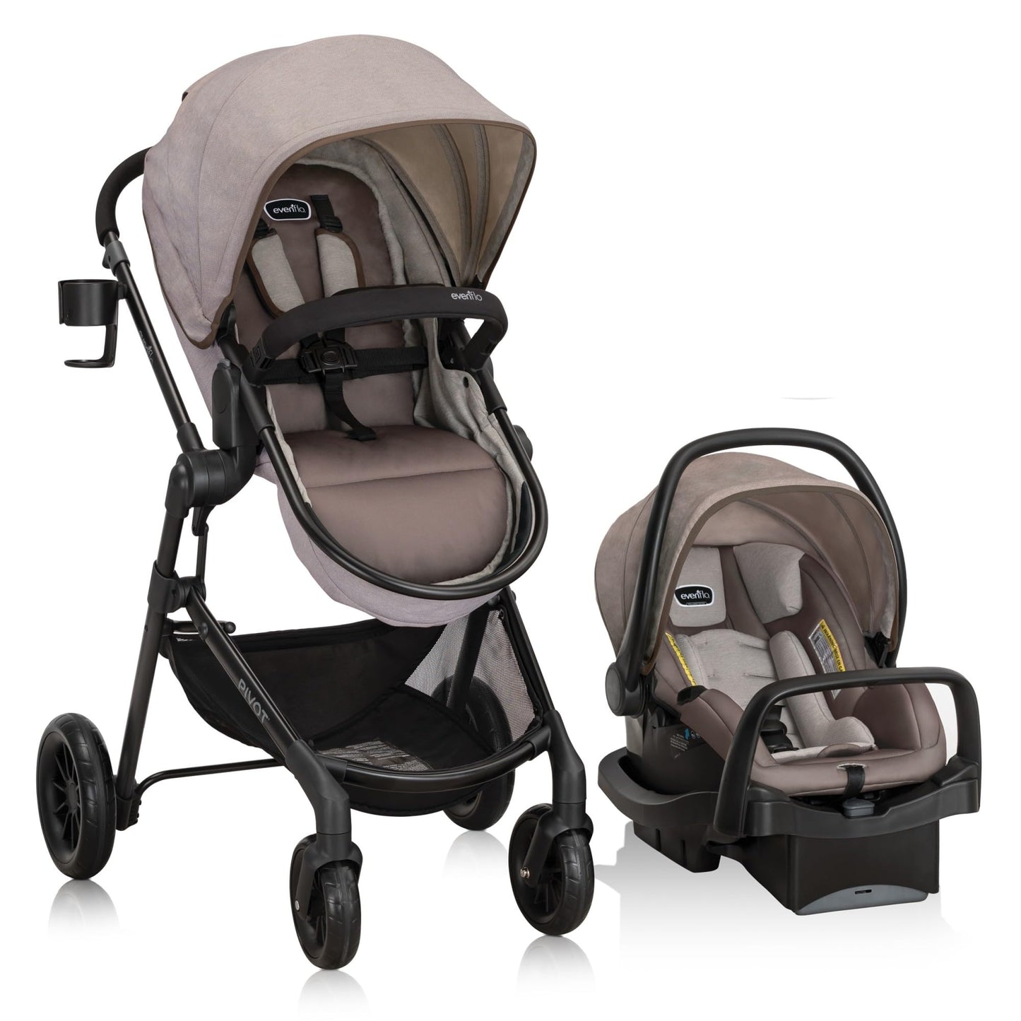 Evenflo Pivot Modular travel system with LiteMax Preemie and Infant Car Seat in casual gray, featuring stroller and car seat components