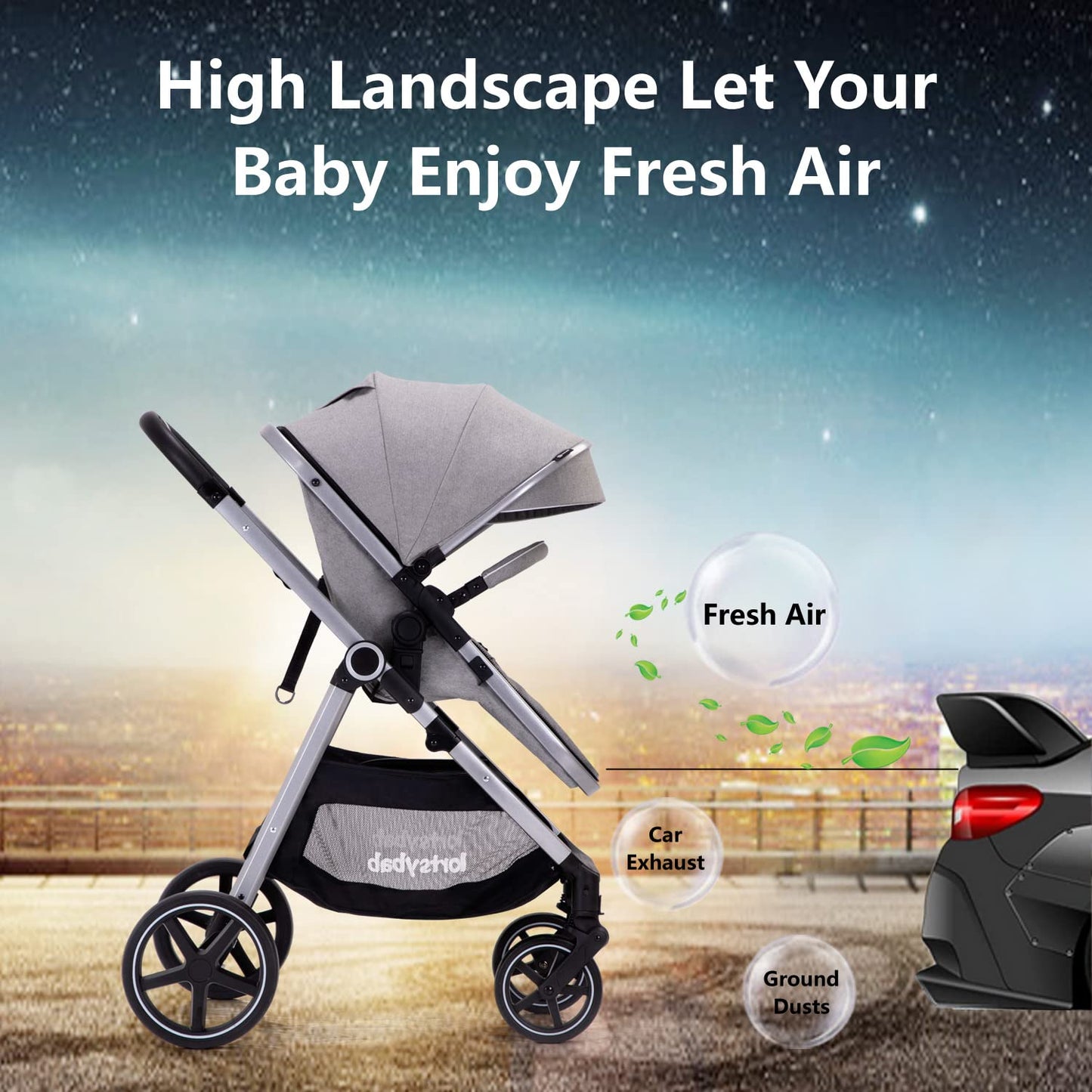Lortsybab 2-in-1 baby stroller with reversible seat in beige, foldable infant pram suitable for newborns to 36 months old.