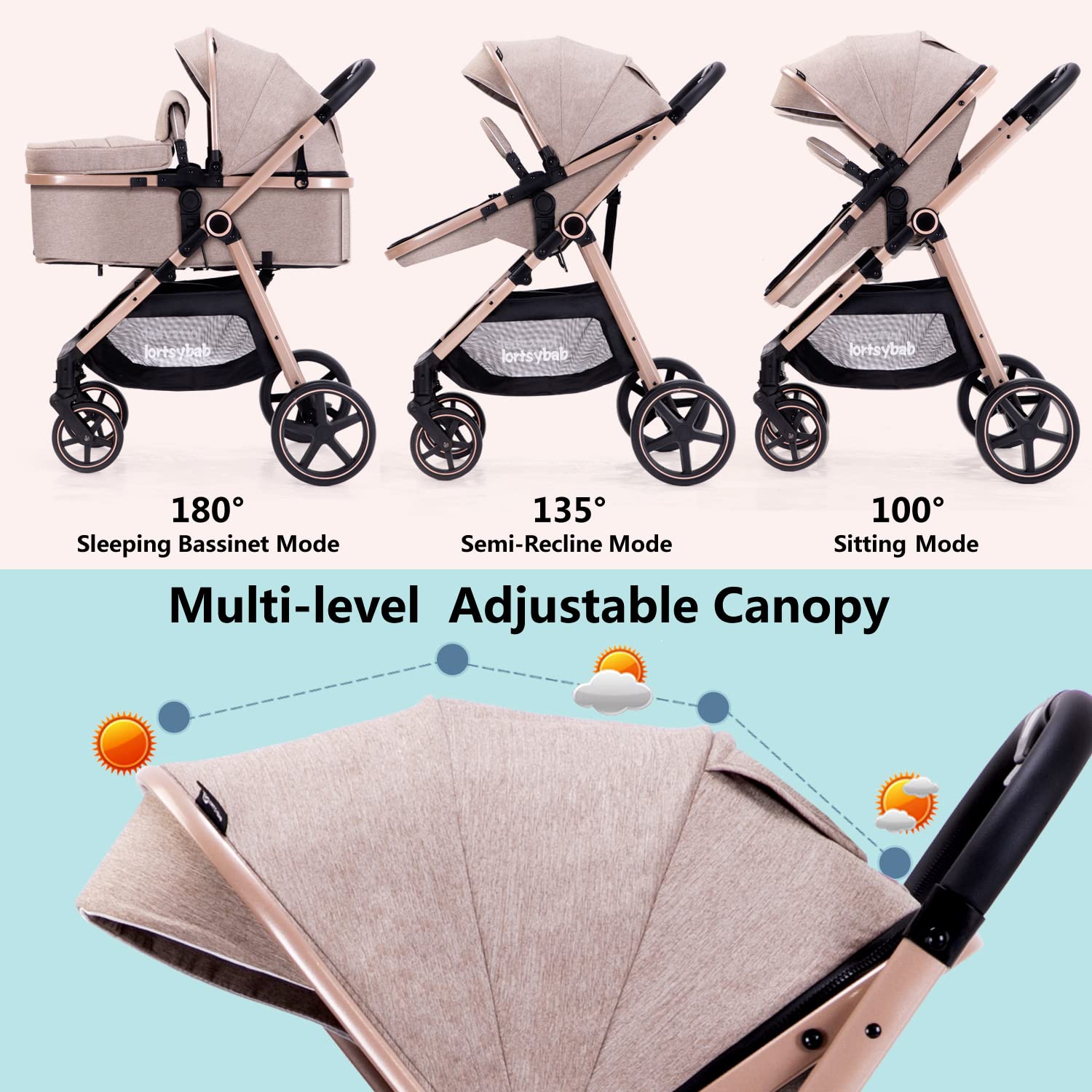 Lortsybab 2-in-1 baby stroller with reversible seat, beige foldable infant pram for newborns and toddlers ages 0-36 months.
