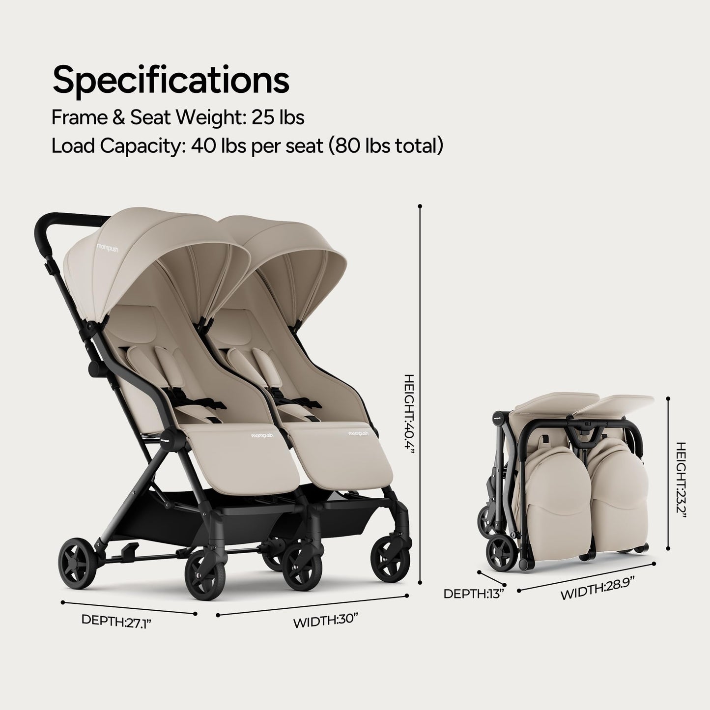 Mompush Lithe double stroller with lightweight design, spacious seats, recline feature, UPF50+ canopy, suitable for newborns and toddlers
