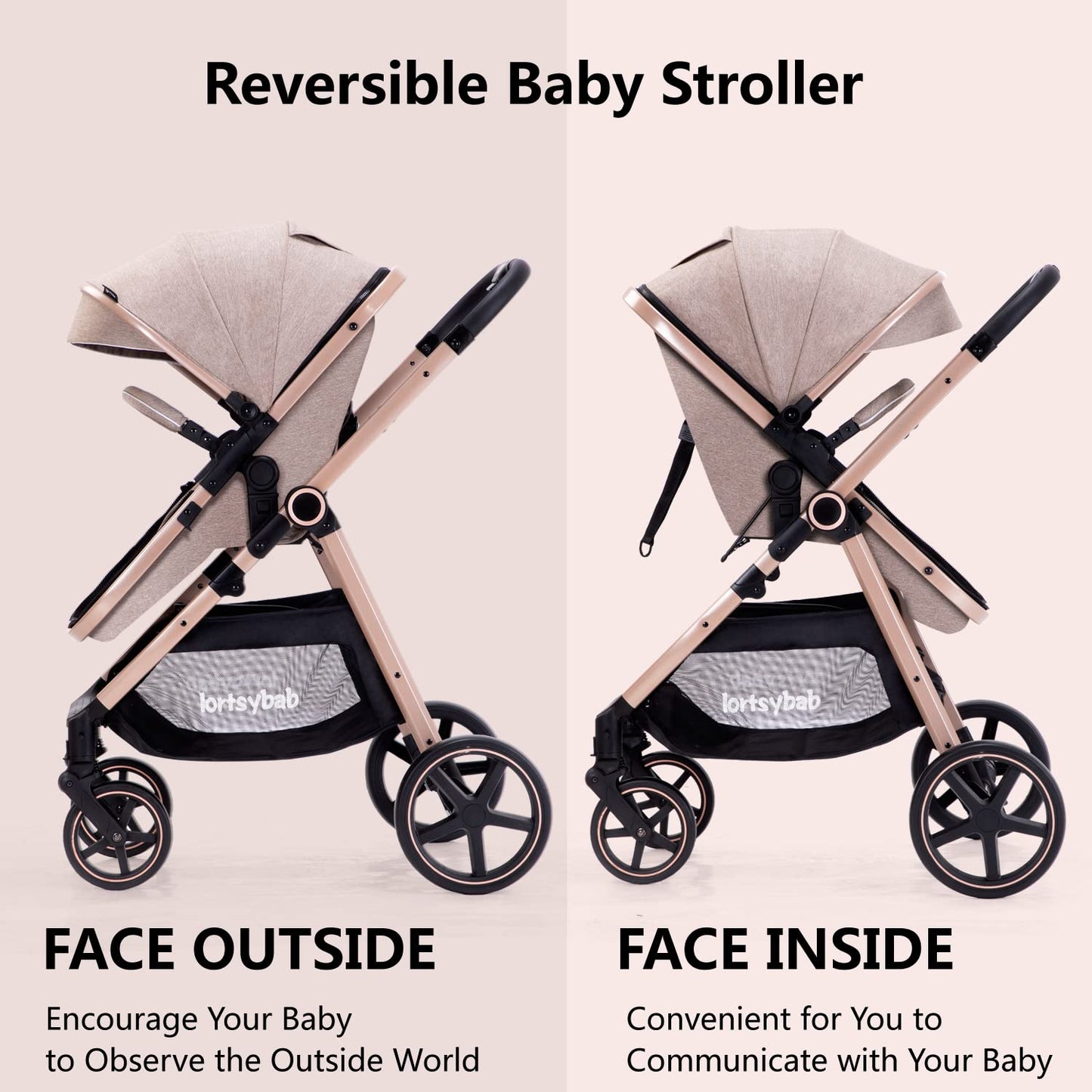 Lortsybab 2-in-1 baby stroller with beige frame, reversible seat, suitable for infants and toddlers 0-36 months.