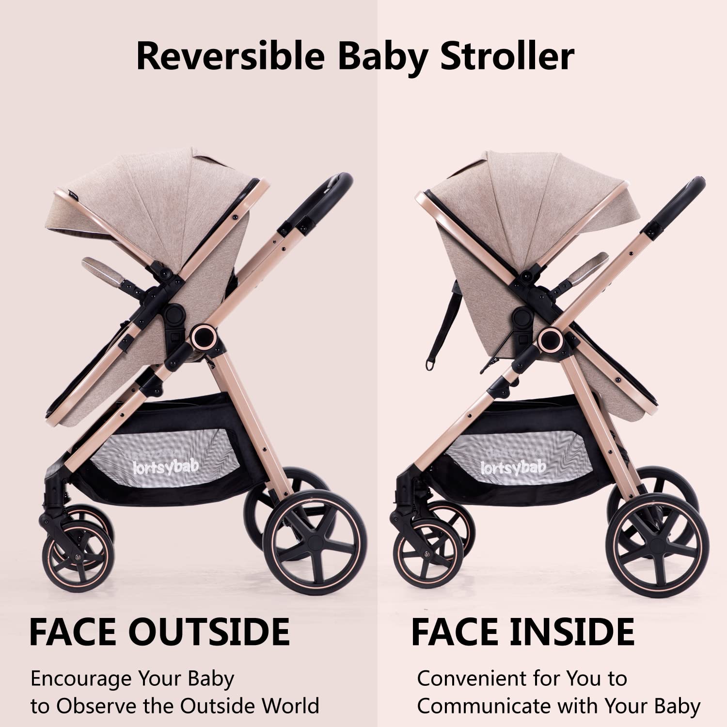 Lortsybab 2-in-1 baby stroller with beige frame, reversible seat, suitable for infants and toddlers 0-36 months.