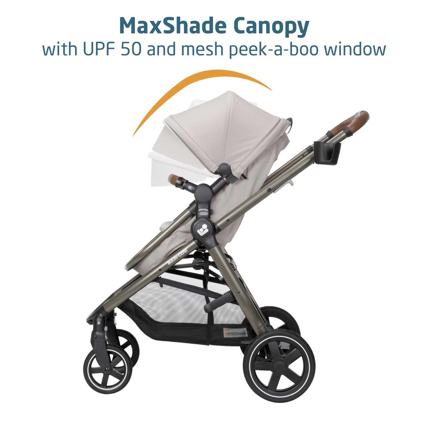 Maxi-Cosi Zelia Luxe 5-in-1 travel system with stroller and car seat, featuring adjustable handle and modern design.