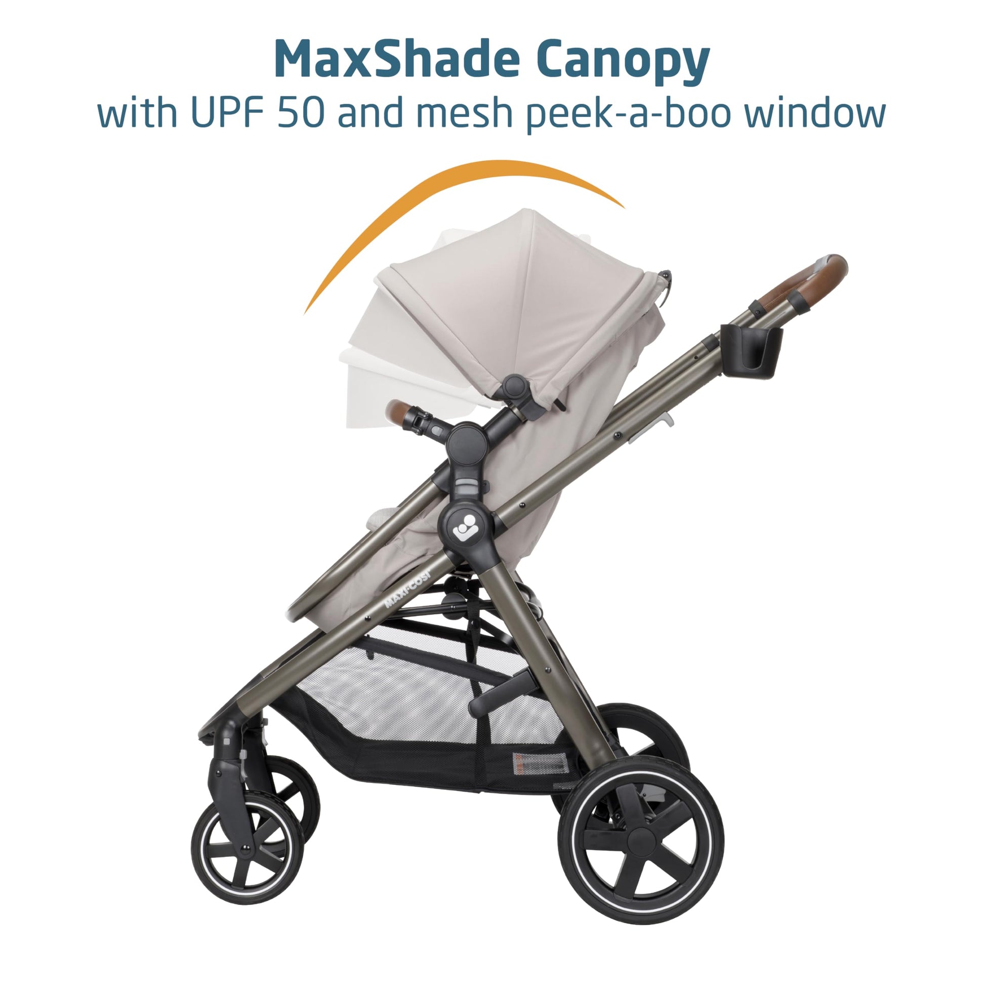 Maxi-Cosi Zelia Luxe 5-in-1 travel system with stroller and car seat, featuring adjustable handle and modern design.