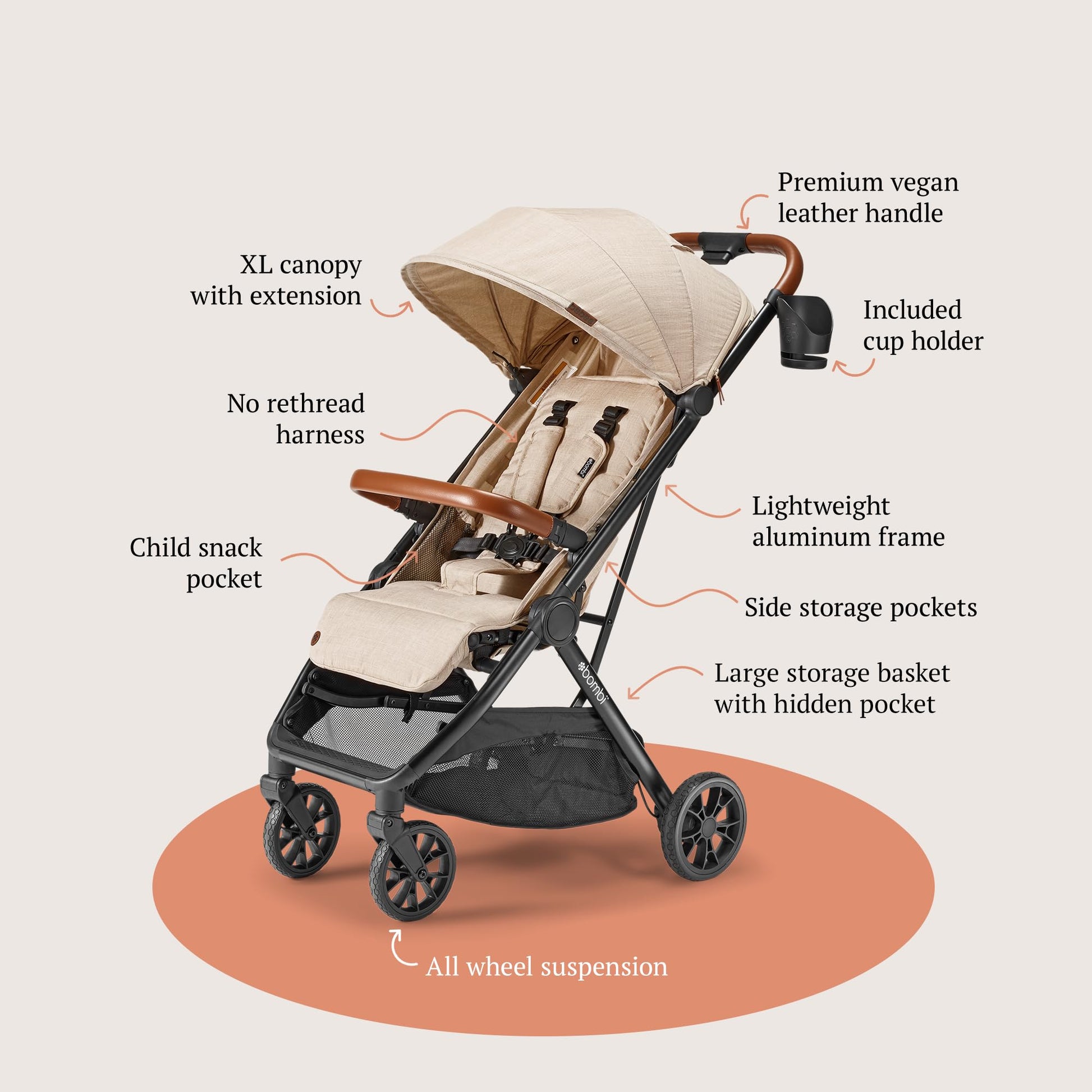 Bombi Bēbee V2 lightweight baby stroller with vegan leather, one-hand fold, infinite recline, aluminum frame, XXL canopy, and storage