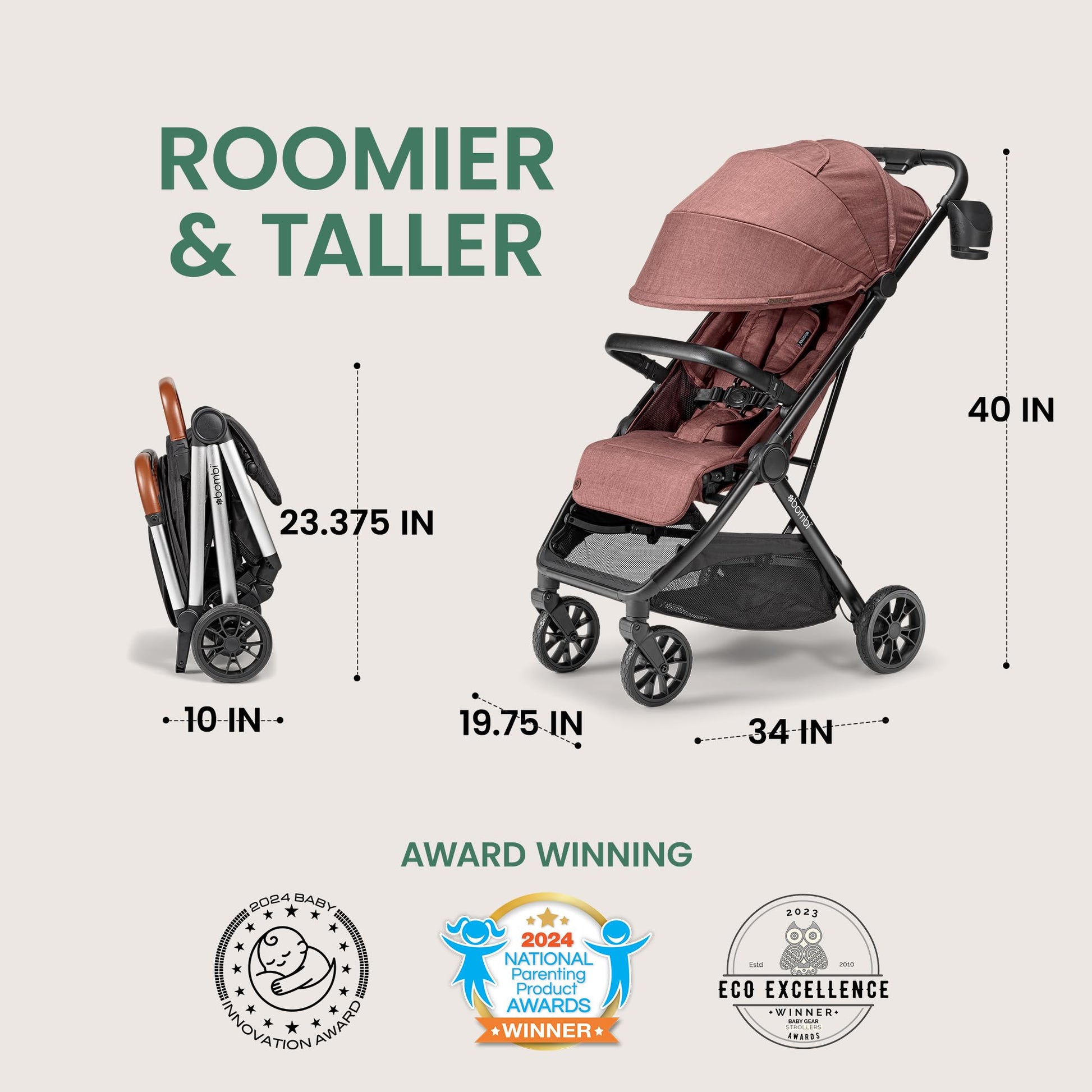 Bombi Bēbee V2 lightweight baby stroller with vegan leather, one-hand fold, infinite recline, aluminum frame, XXL canopy, and storage