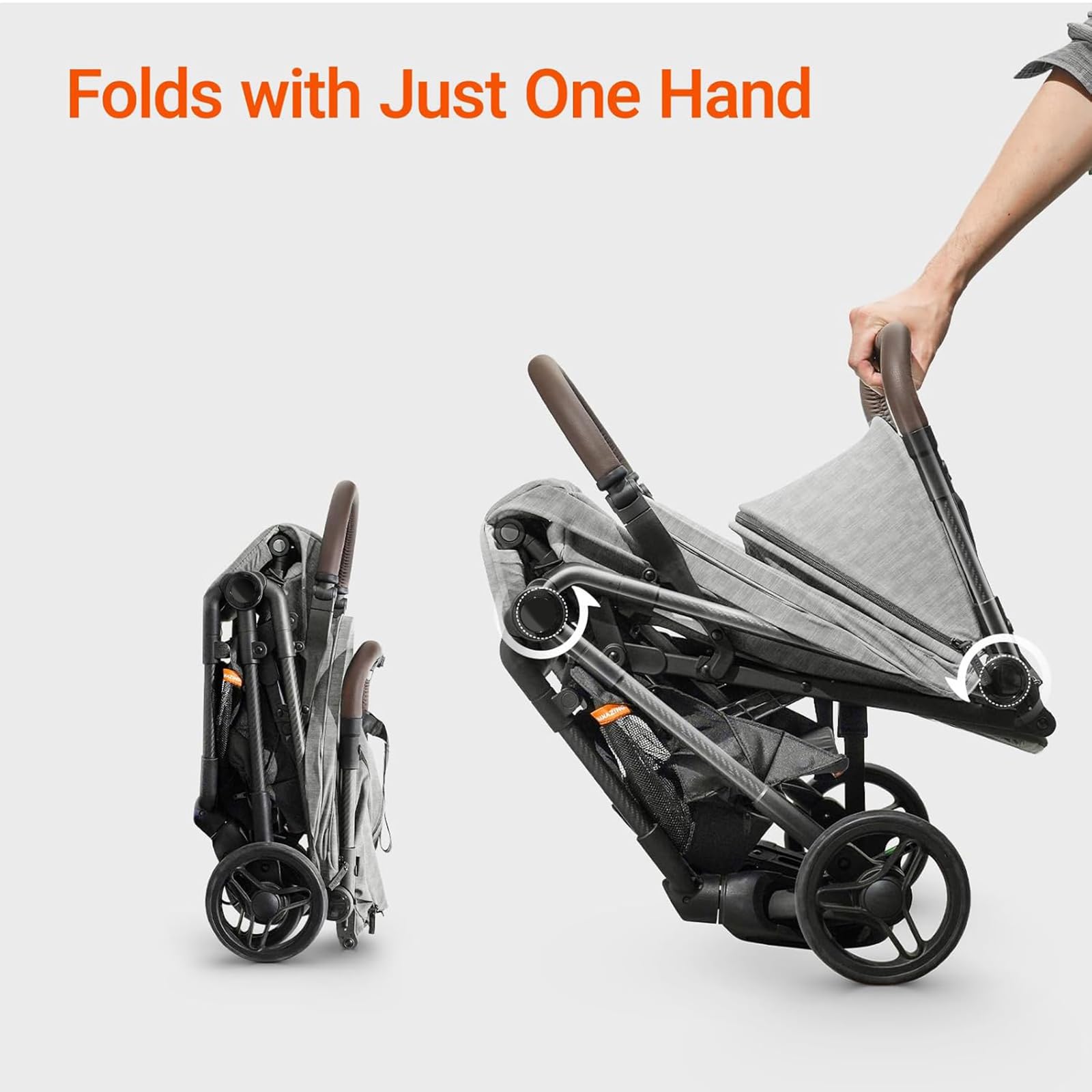Lightweight MAMAZING Ultra Air baby travel stroller with carbon fiber frame, compact design, one-handed fold, suitable for toddlers.