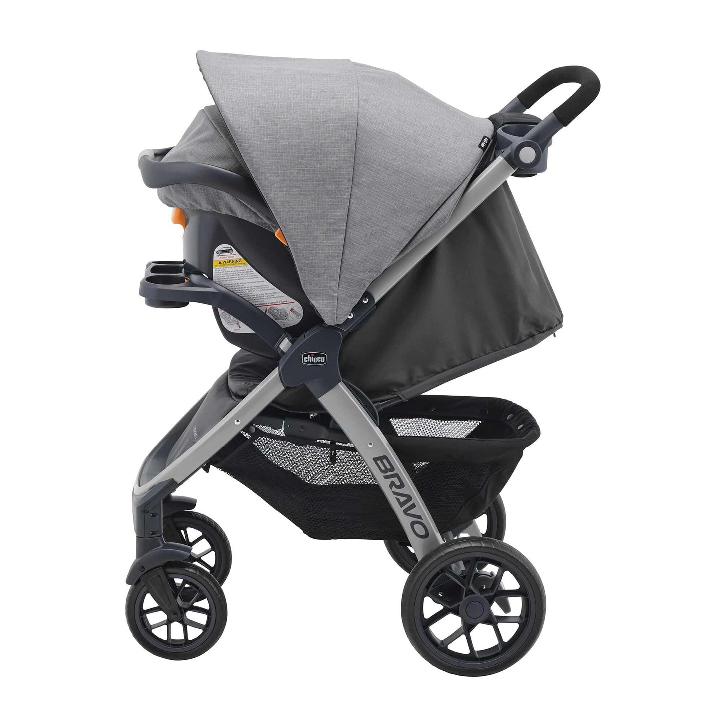 Chicco Bravo 3-in-1 travel system with quick-fold stroller, KeyFit 30 infant car seat, and base in Camden/Black color.