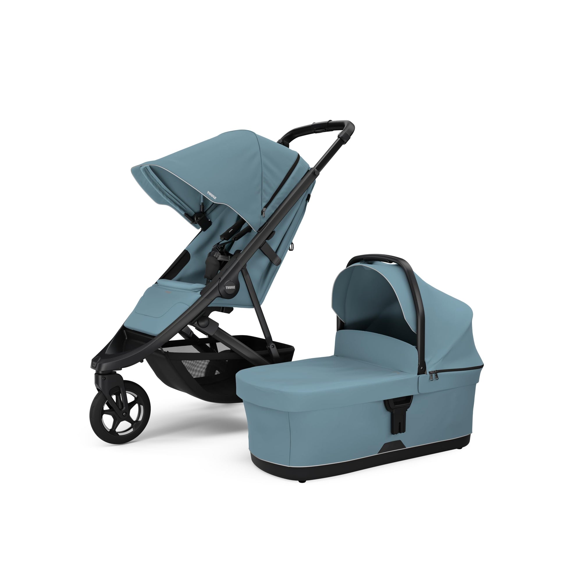 Thule Spring 2 single child stroller with ventilated canopy, adjustable handlebar, lightweight frame, and compact fold.