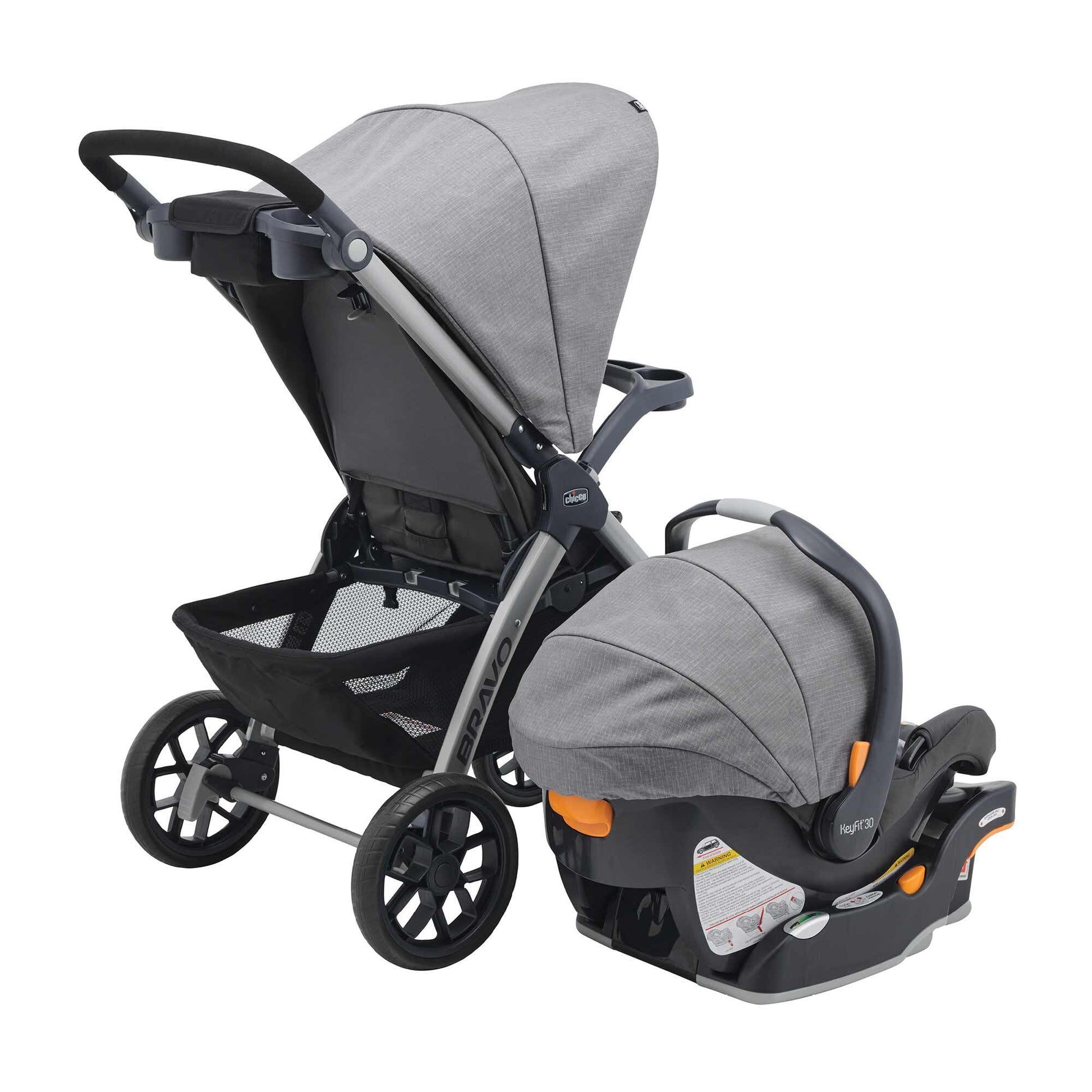 Chicco Bravo 3-in-1 travel system with black stroller, KeyFit 30 infant car seat, and base on smooth surface.