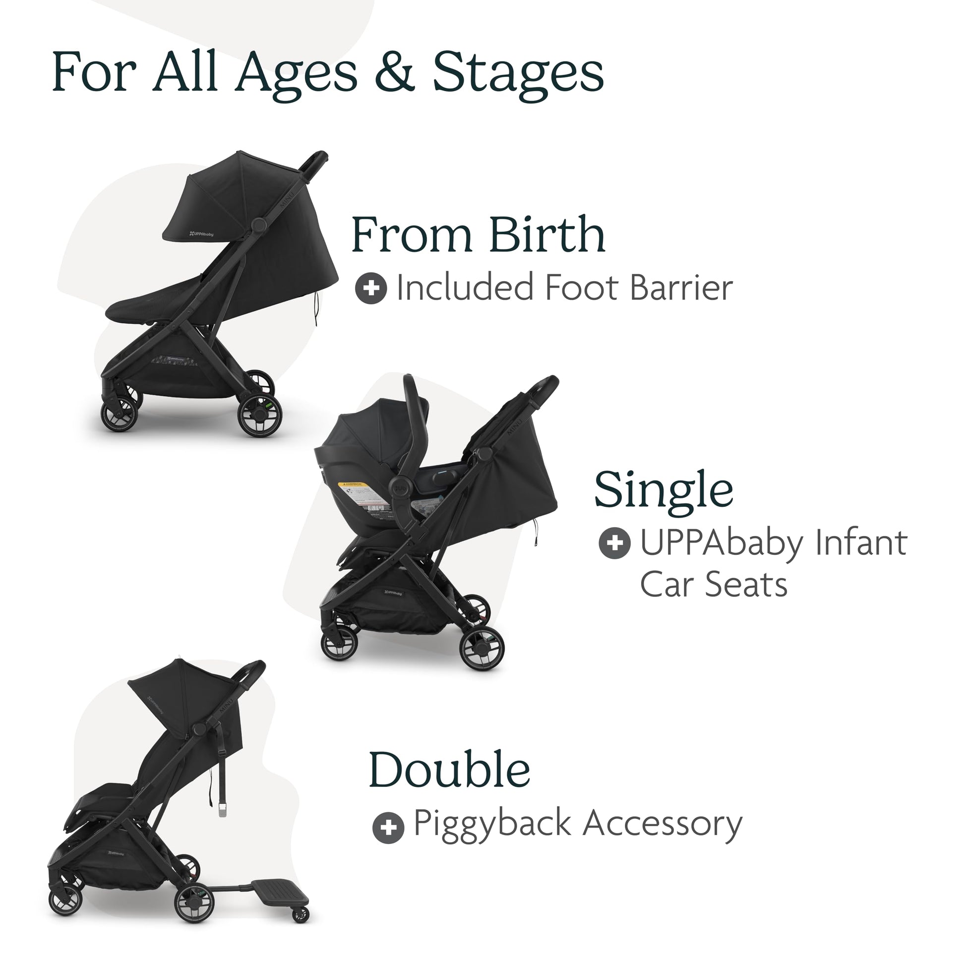 UPPAbaby Minu V3 lightweight travel stroller in greyson with charcoal frame, saddle leather, compact design, and one-hand fold.