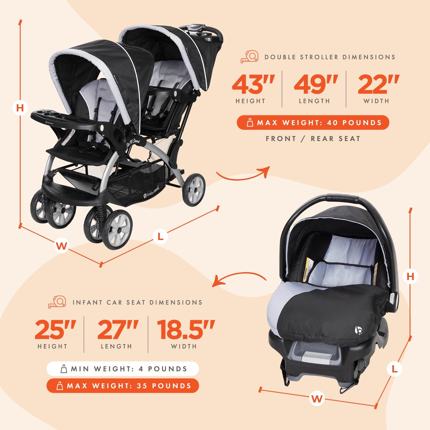 Baby Trend infant and toddler double stroller with car seat, lightweight and portable, Stormy color, tandem travel system for babies