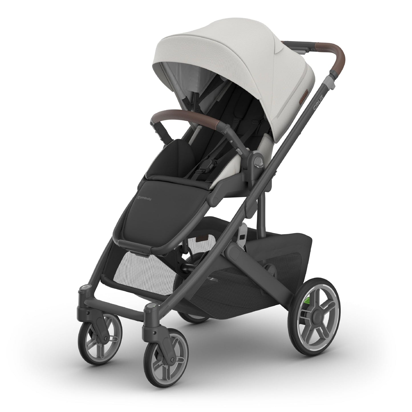 UPPAbaby Cruz V3 stroller in Greyson with reversible seat, infant insert, car seat compatibility, bug and rain shields.