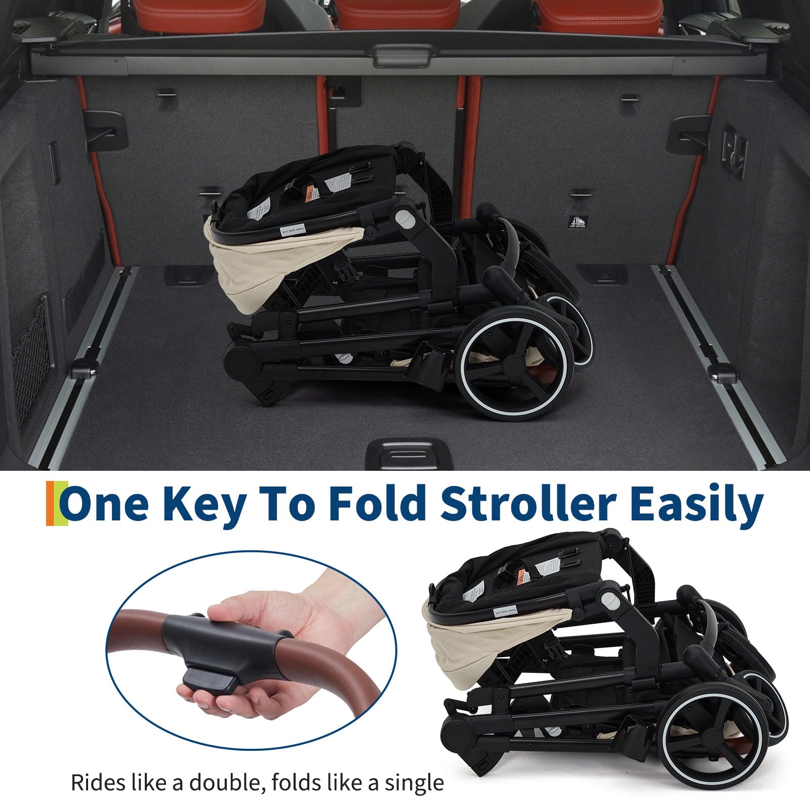 Black tandem stroller with reversible seats, adjustable canopies, large storage basket, and one-hand fold for twins and newborns.