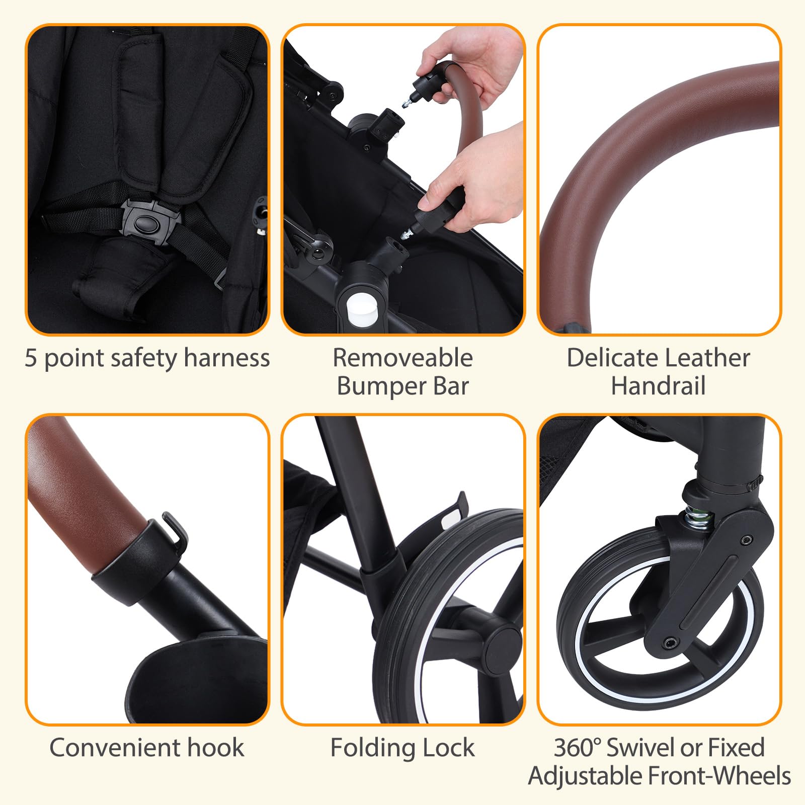 Dark grey tandem double stroller for twins with reversible seats, adjustable canopy, 5-point harness, large storage, and one-hand fold.