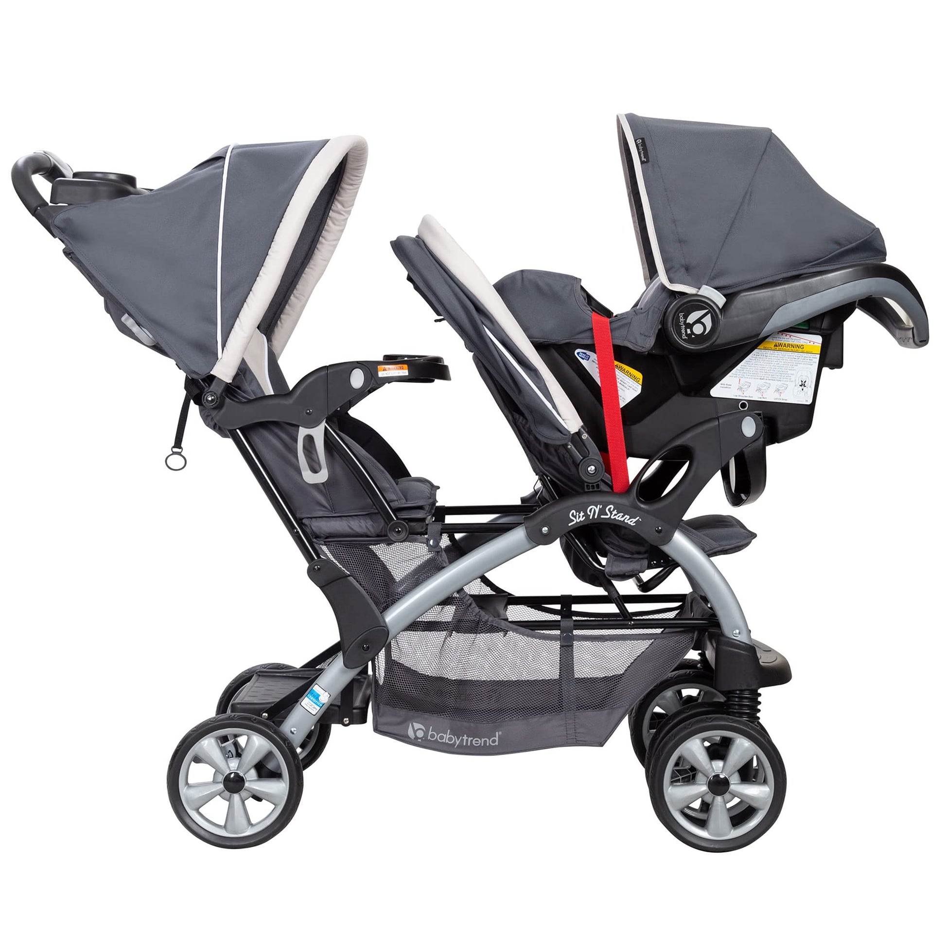 Baby Trend infant and toddler double stroller with car seat, lightweight and portable, Stormy color, tandem travel system.