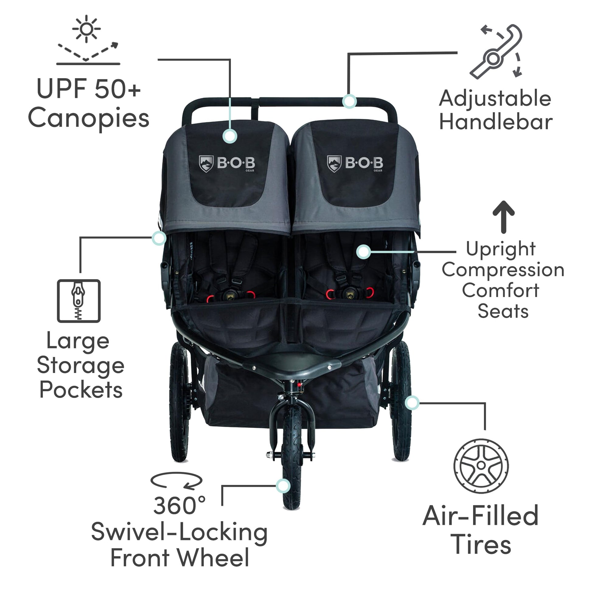My Store BOB Gear Revolution Flex 3.0 double jogging stroller in graphite black, showing the sleek twin stroller design and sturdy frame.