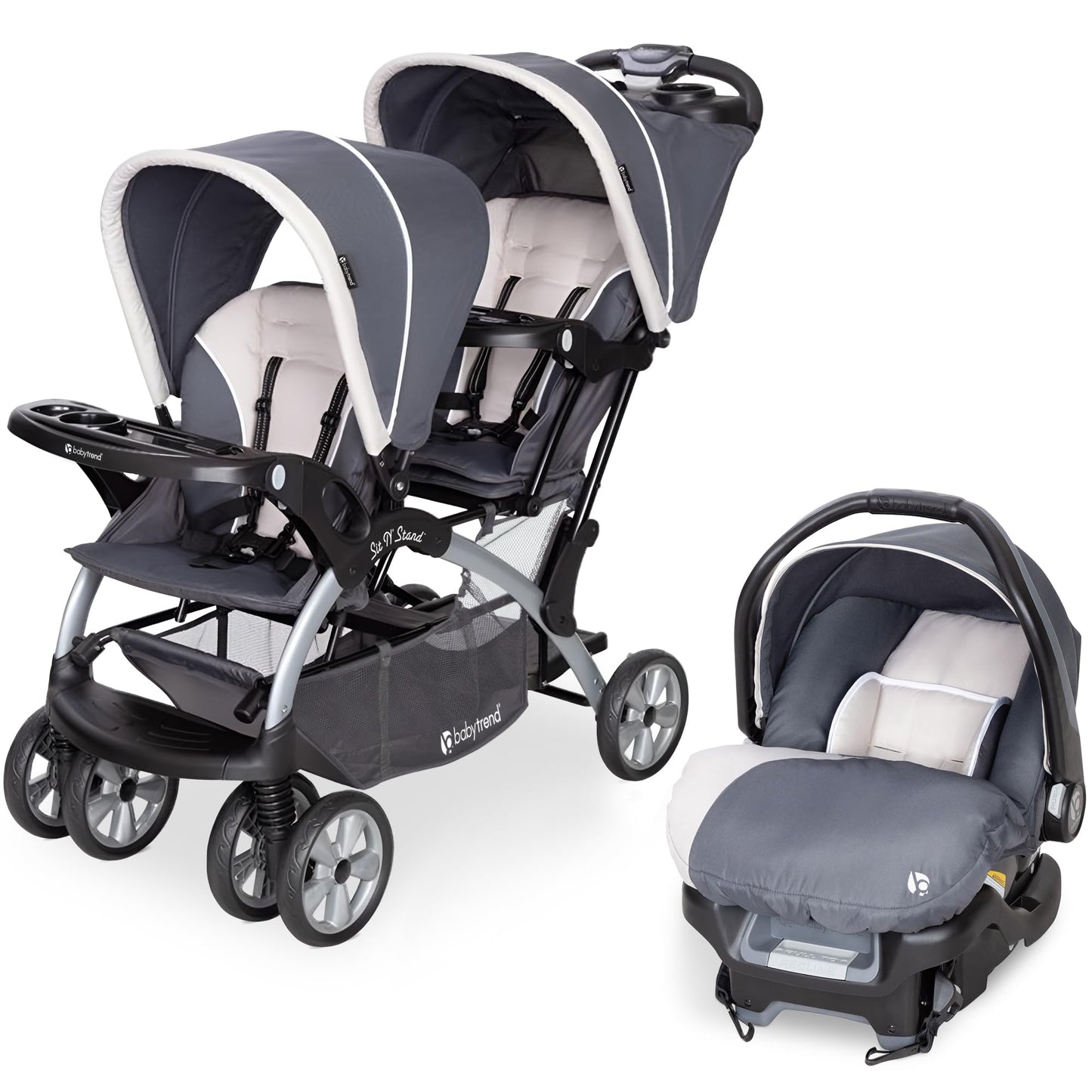 Baby Trend infant and toddler double stroller with car seat, lightweight and portable, stormy color, tandem travel system.