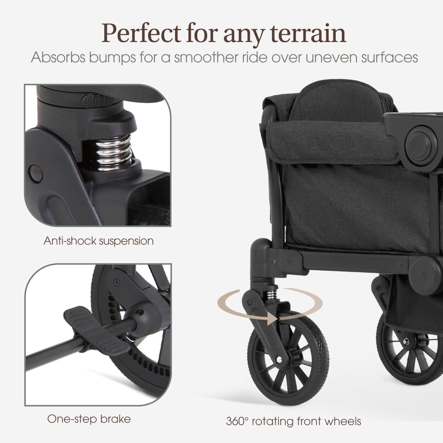 Evolur Trailblazer black double stroller wagon with removable canopy, all-terrain wheels, 5-point harness, and spacious storage for two kids.