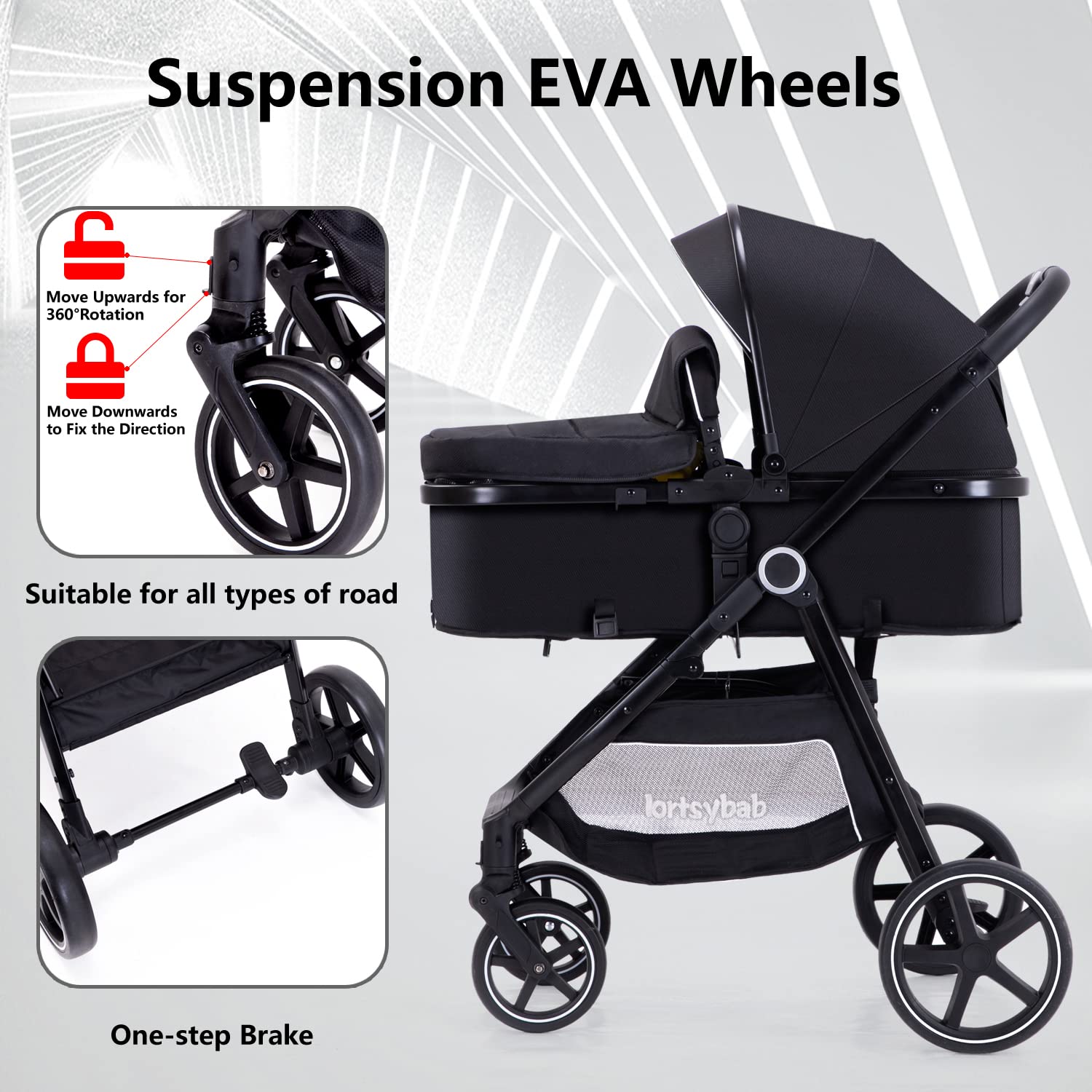 Lortsybab 2-in-1 baby stroller with beige frame and reversible seat, suitable for newborns and toddlers up to 36 months.
