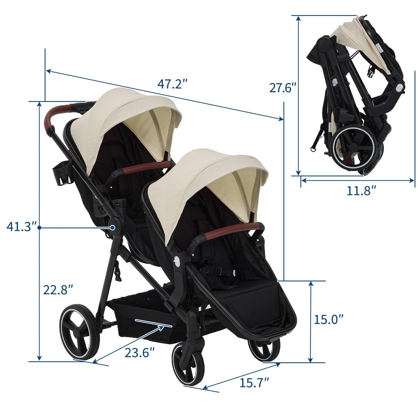 Black tandem stroller with reversible seat, adjustable canopy, one-hand fold, and large storage basket for twins and newborns.