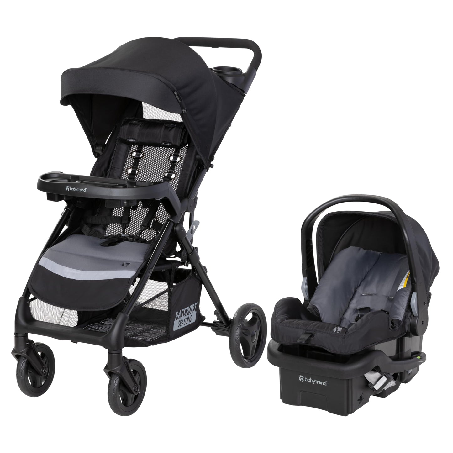 Baby Trend Passport cargo stroller with pink Bamboo design and EZ-Lift Plus infant car seat, suitable for travel and everyday use.